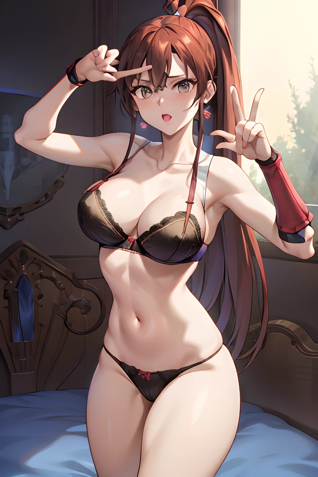 masterpiece, best quality, bra and pantie, victory pose, room