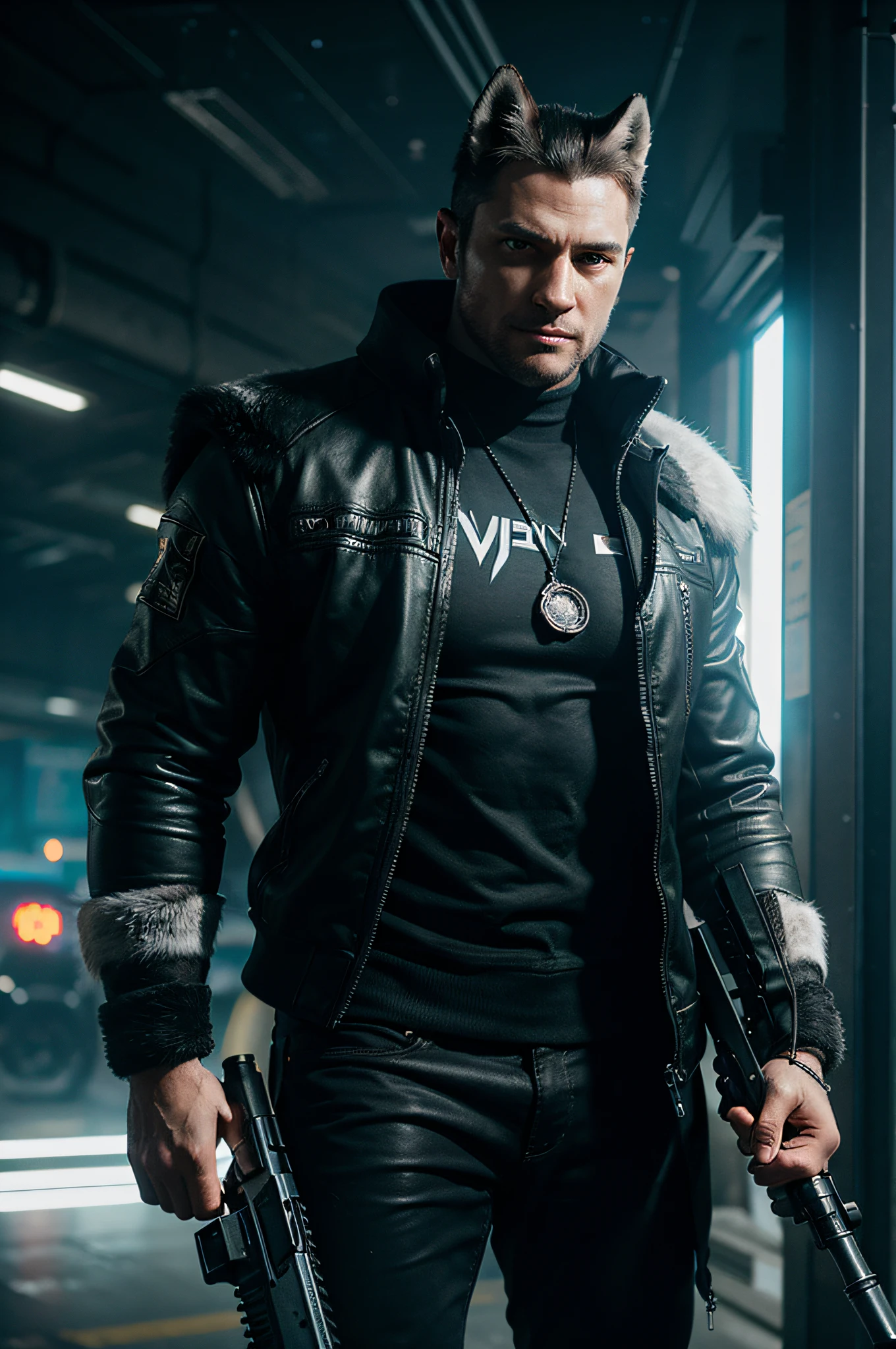 Hyper-realistic anthropomorphic husky warrior at eye level in a cyberpunk 2077 environment holding his weapon as James Bond