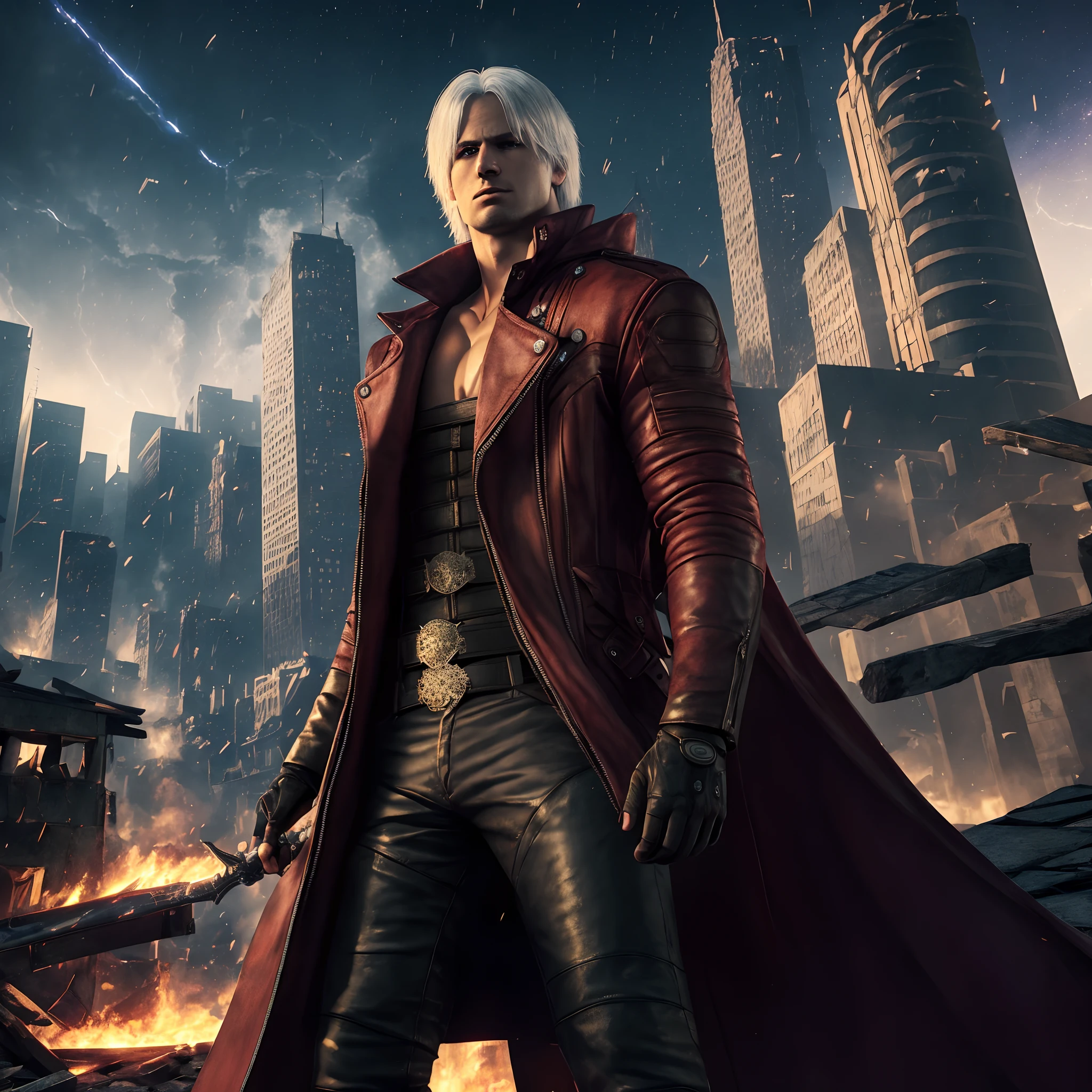 (masterpiece, best quality:1.2), 1boy, dante, white hair, open clothes, coat, fingerless gloves, belt, city, detailed eyes, destroyed buildings, destruction, (night:1.4), natural lighting, cinematic, epic, Battle pose, surrounded by blue fire, wallpaper 4k, highest quality digital art, Stunning art,8k,64k, HD, unparalleled masterpiece, dynamic lighting, cinematic, epic