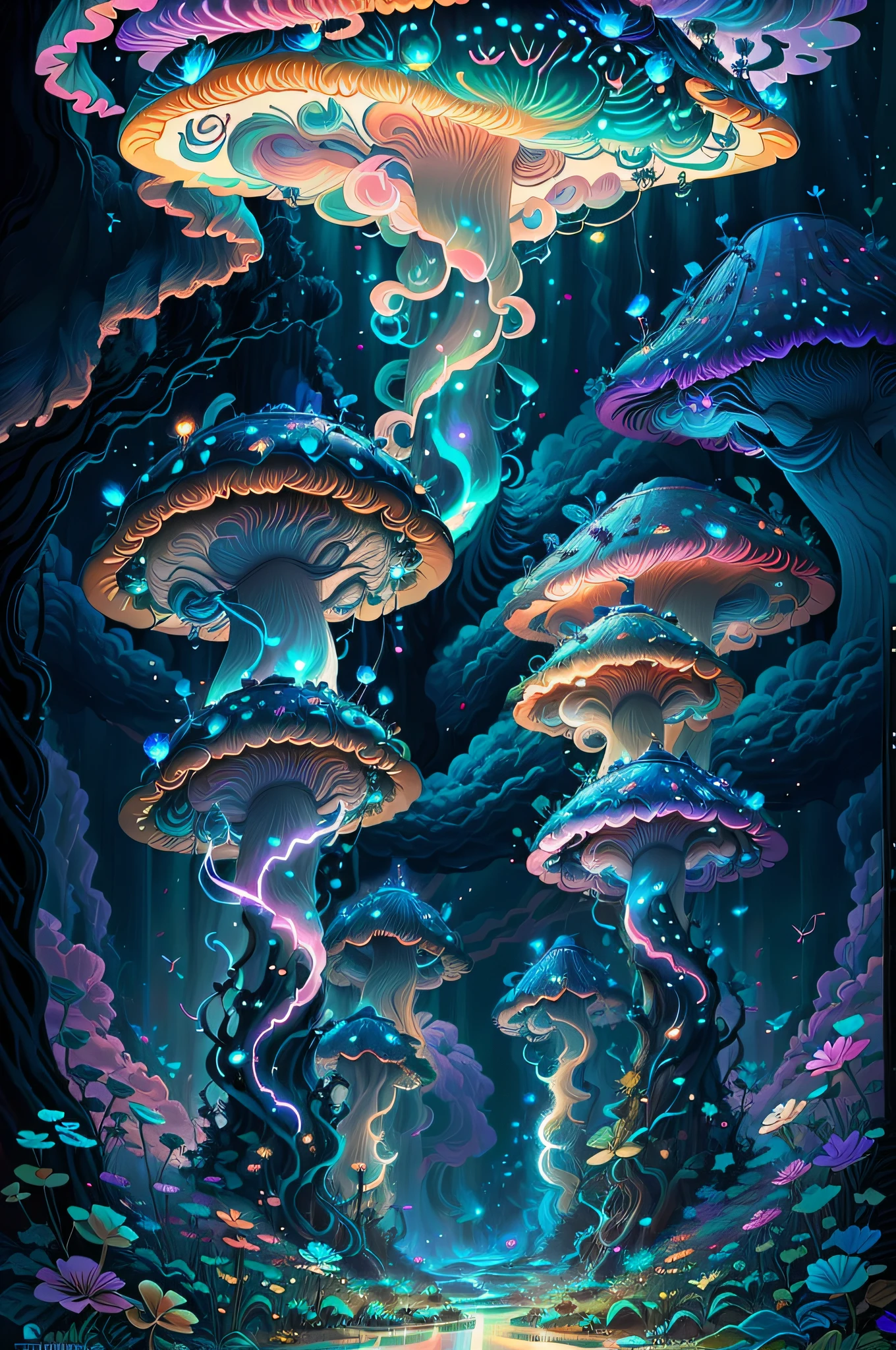 (Swirling clouds and colorful flowers), (forest fireflies fantasy korean mushroom kingdom), (midnight), (Irregular), (mysterious), (ridiculous), dreamy, disney, t shirt design, vector,