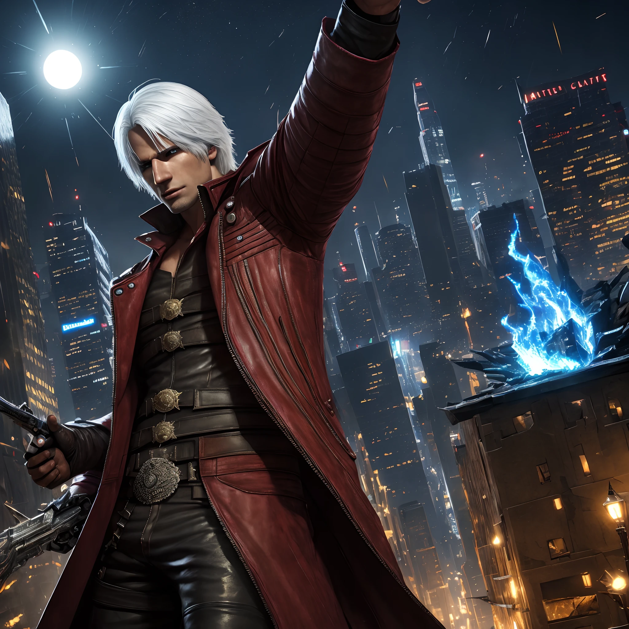 (masterpiece, best quality:1.2), 1boy, dante, white hair, open clothes, coat, fingerless gloves, belt, city, detailed eyes, destroyed buildings, destruction, (night:1.4), natural lighting, cinematic, epic, Battle pose, surrounded by blue fire, wallpaper 4k, highest quality digital art, Stunning art,8k,64k, HD, unparalleled masterpiece, dynamic lighting, cinematic, epic