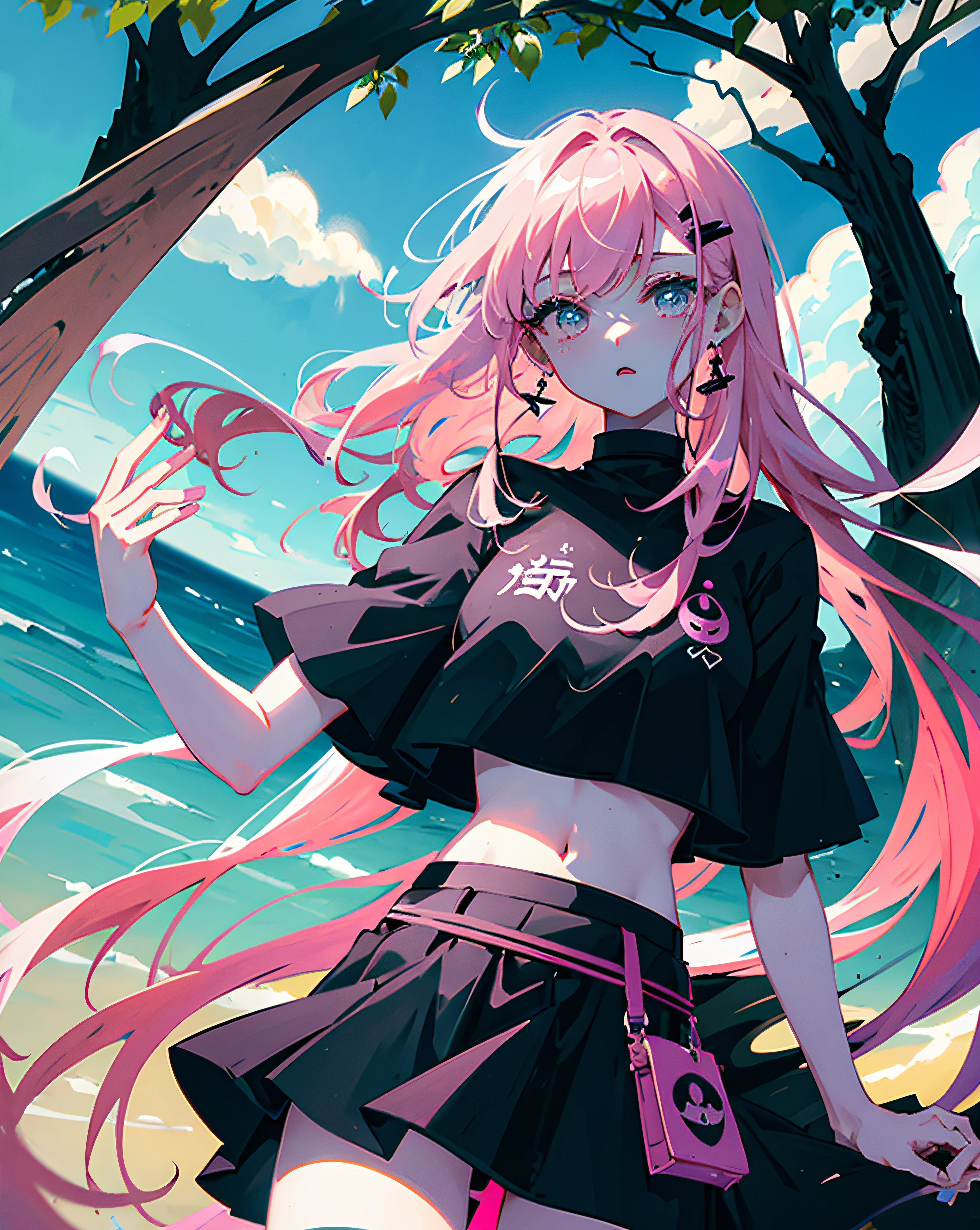(Realistic painting style:1.0), Masterpiece, Best quality, absurderes, comic strip, illustration,
1 girl, Long hair, Cute girl, young and cute girl, Korean girl, {Breasts}, Hana, 
A girl in a black dress sits on a rock next to a tree, wearing sexy cropped top, wearing crop top and miniskirt, Black top, wearing a black cropped tank top, Black skirt, a black choker, 
Pink hair, Pink hair, with pink hair, with pink hair,