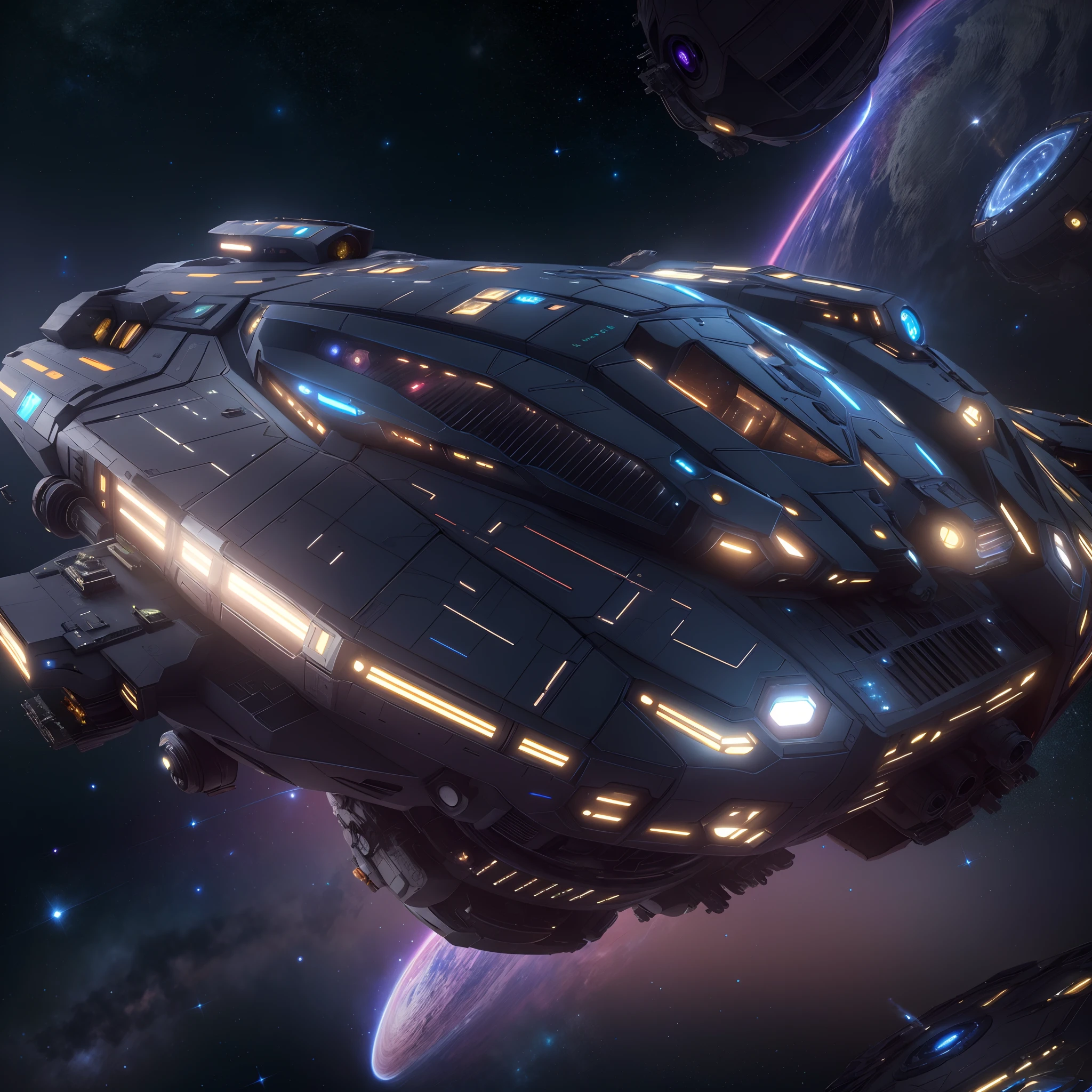 A huge spaceship,full bodyesbian，Solo，Spaceships in the Avengers，seen from outside，(multiple lighting sources:1.5),Detailed hull details,Cosmic galaxy background,Escaped spaceship,((Best quality)), ((Masterpiece)), (Epic composition:1.2), (unreal 5 render:1.1)