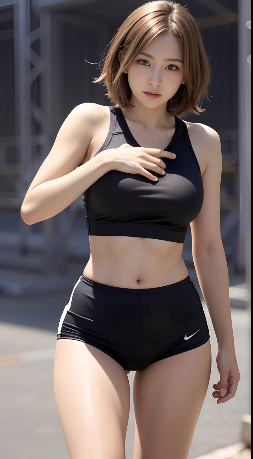 (8K、超A high resolution、The ultra -The high-definition、An ultra-high picture quality、Ultrarealistic、Best Quality、masuter piece:1.2)(quite massive chest、Large cleavage、Hide all breasts:1.3)Toned body、skinny  body(Nike Black See-Through Sports Bra、Black High Leg See-Through Racing Bloomers:1.35)(Mushroom cut for brown hair:1.2)(Adult women in Japan、Realistic face、Cute little face、Large black eyes、Crisp double eyelids、small nose、large mouth、Duck mouth、thin lipss、Pinclip Gloss、Smile happily:1.13)、(White sneakers from Nike、athletic field:1.18)(Stand with your legs wide open、Show the armpits:1.2)