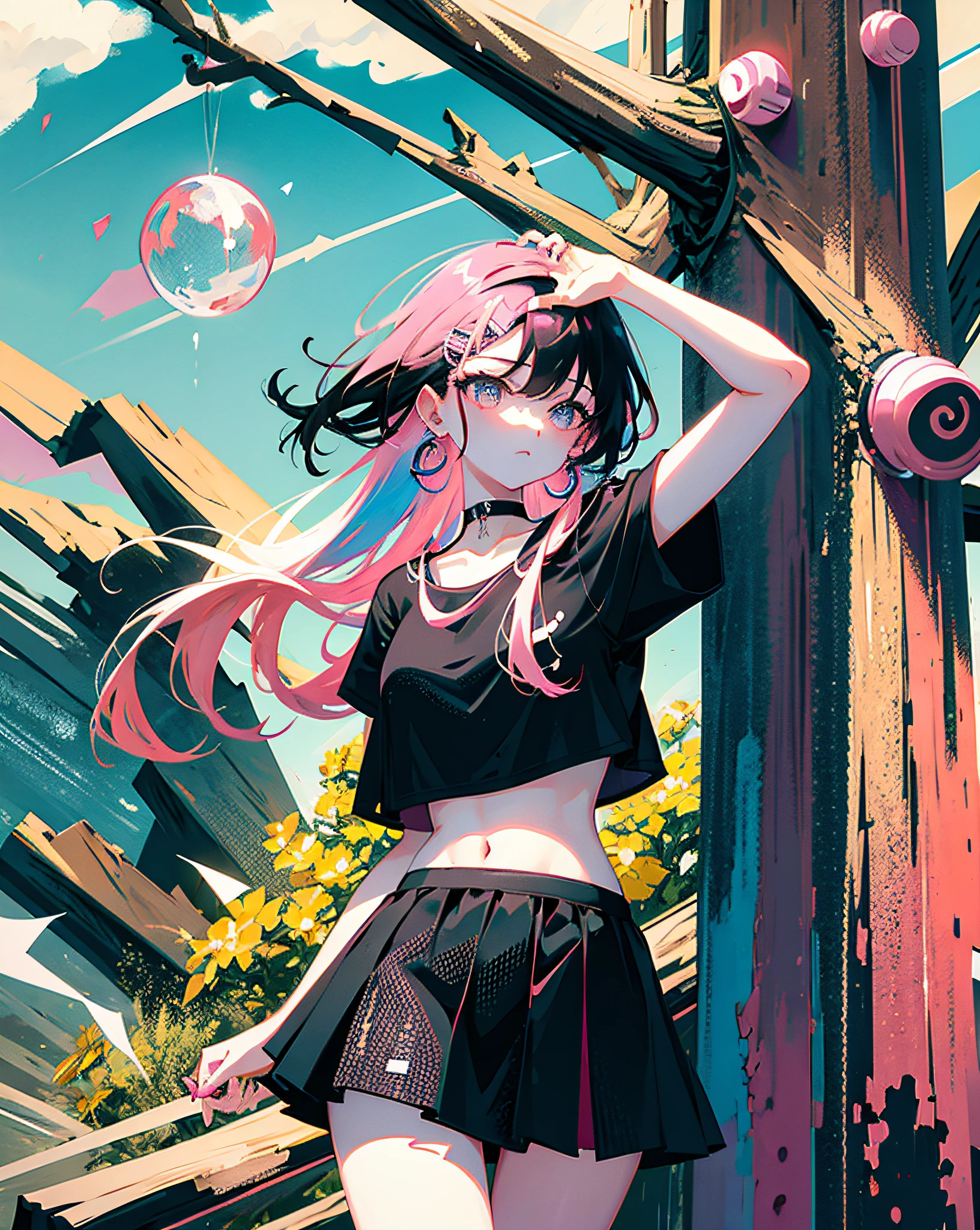 (Realistic painting style:1.0), Masterpiece, Best quality, absurderes, comic strip, illustration,
1 girl, Long hair, Cute girl, young and cute girl, Korean girl, {Breasts}, Hana,
A girl in a black dress sits on a rock next to a tree, wearing sexy cropped top, wearing crop top and miniskirt, Black top, wearing a black cropped tank top, Black skirt, a black choker,
Pink hair, Pink hair, with pink hair, with pink hair,
