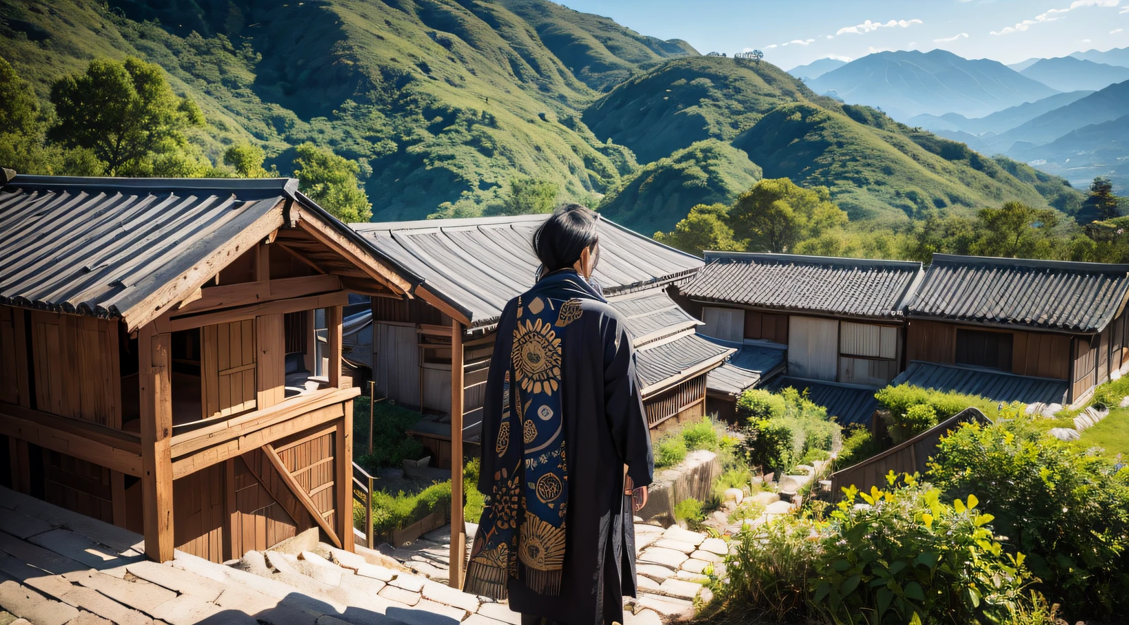 Side 32K,exteriors,the roof,People are small(tmasterpiece,k hd,hyper HD,32K)32K(tmasterpiece,k hd,hyper HD,32K)Long flowing black hair,zydink, a color, patriot (废墟), (Linen batik scarf)faceted
