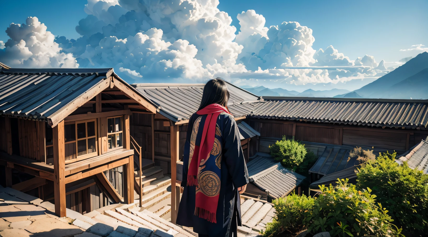 Side 32K,exteriors,the roof,People are small(tmasterpiece,k hd,hyper HD,32K)32K(tmasterpiece,k hd,hyper HD,32K)Long flowing black hair,zydink, a color, patriot (废墟), (Linen batik scarf)faceted