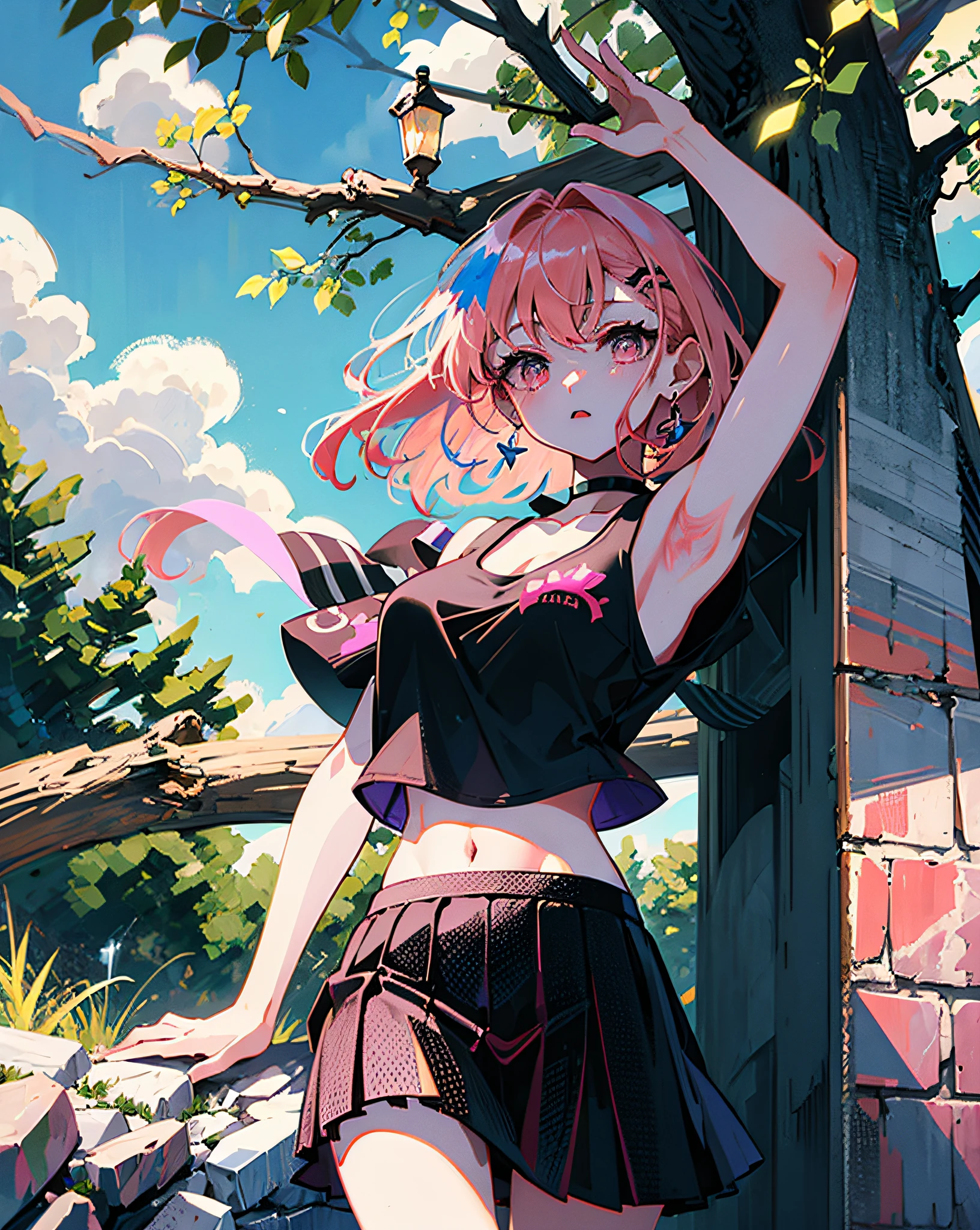 (Realistic painting style:1.0), Masterpiece, Best quality, absurderes, comic strip, illustration,
1 girl, Long hair, Cute girl, young and cute girl, Korean girl, {Breasts}, Hana,
A girl in a black dress sits on a rock next to a tree, wearing sexy cropped top, wearing crop top and miniskirt, Black top, wearing a black cropped tank top, Black skirt, a black choker,
Pink hair, Pink hair, with pink hair, with pink hair,
