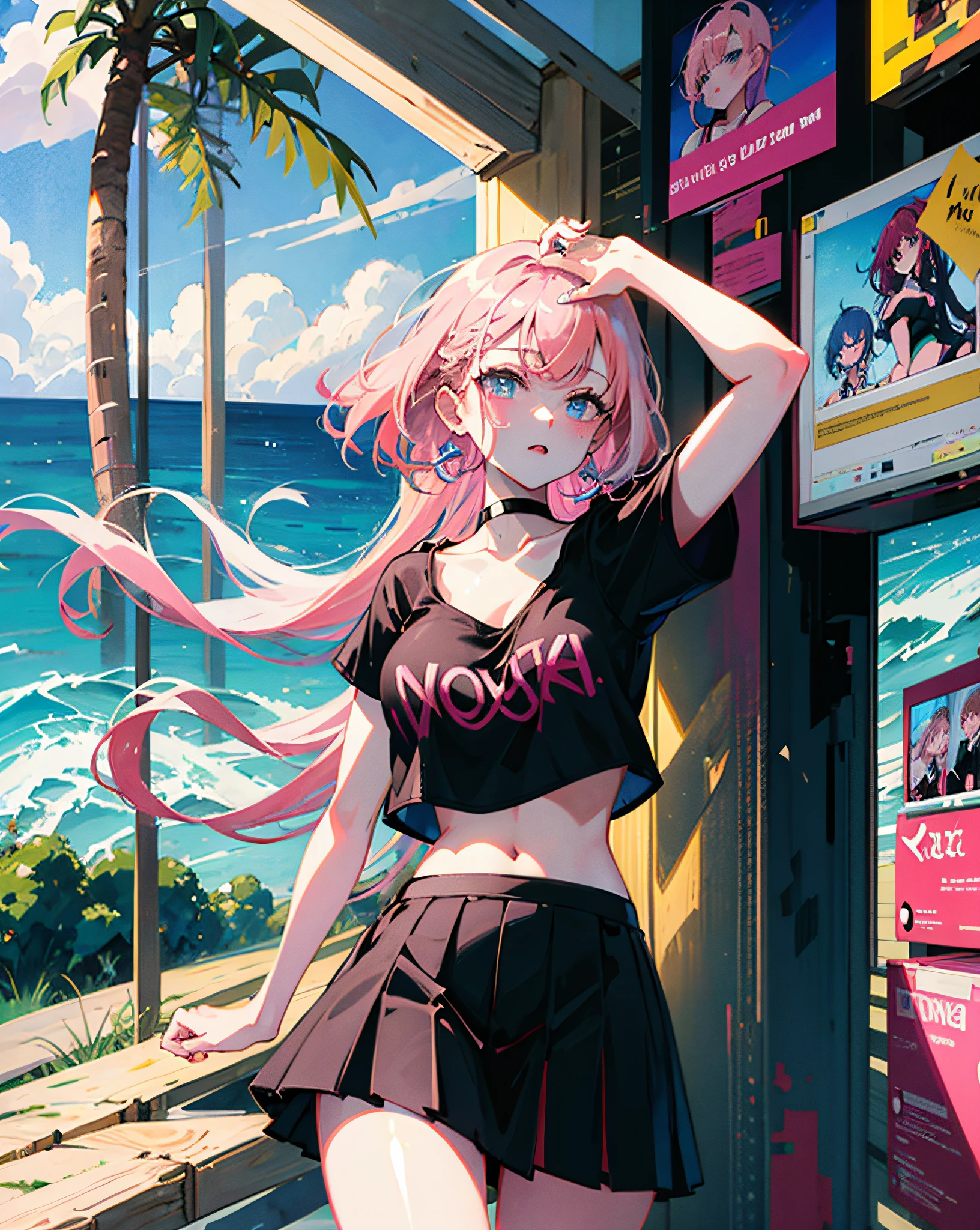 (Realistic painting style:1.0), Masterpiece, Best quality, absurderes, comic strip, illustration,
1 girl, Long hair, Cute girl, young and cute girl, Korean girl, {Breasts}, Hana, 
A girl in a black dress sits on a rock next to a tree, wearing sexy cropped top, wearing crop top and miniskirt, Black top, wearing a black cropped tank top, Black skirt, a black choker, 
Pink hair, Pink hair, with pink hair, with pink hair,
