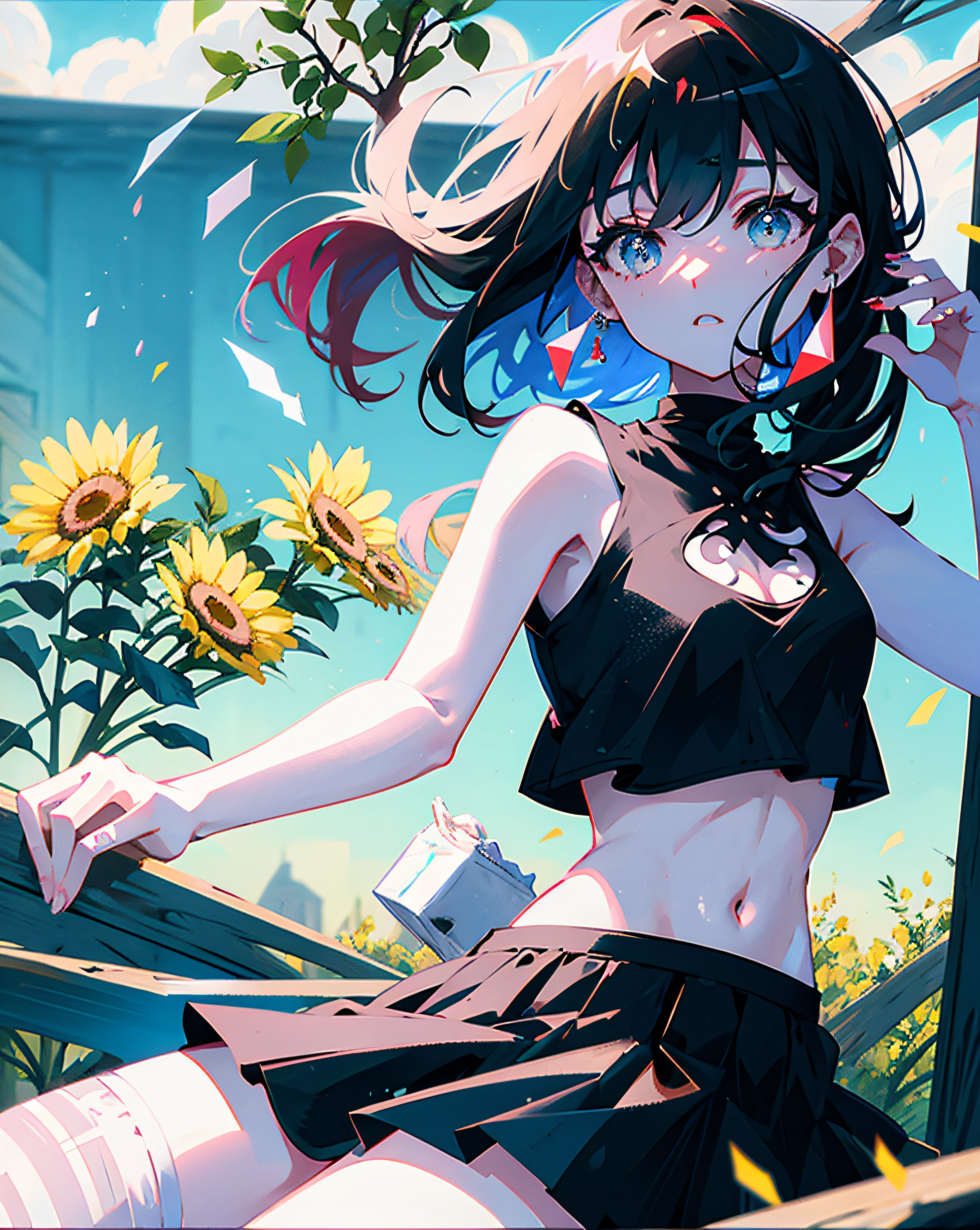 (Realistic painting style:1.0), Masterpiece, Best quality, absurderes, comic strip, illustration,
1 girl, long hair, cute girl, young and cute girl, Korean girl, {Breasts}, hana,
a girl sitting on a rock near a tree in a black dress, wearing a sexy cropped top, wearing crop top and miniskirt, black top, wearing a black cropped tank top, black skirt, a black chocker,