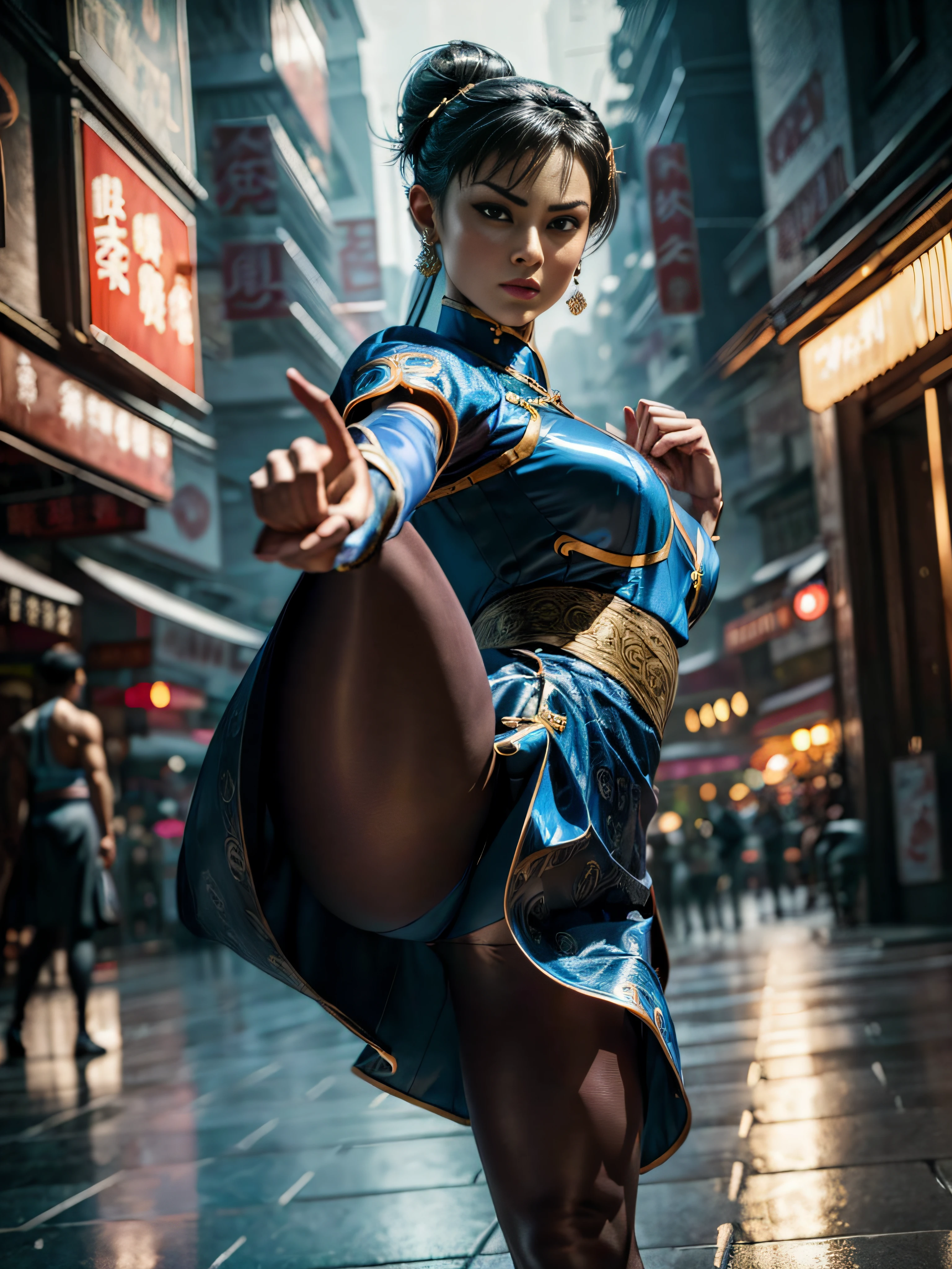 "(exquisitely detailed CG unity 8k wallpaper, masterpiece-quality with stunning realism), (best illumination, best shadow), (best quality), (elegant and demonic style:1.2), Arti modern anime. angled view, heroic pose, closeup full body portrait of stunningly beautiful Chunli from street fighter she has ((dark brown hair:1)), ((white laced boots:.5)), dynamic pose, blue qipao dress, full body, stunning body, in a Chinese market at night with neon lights, coy flirty sexy cute expression, slim body, highly ornamented and detailed, brown sheer pantyhose, depth of field blur effect, night, full zoom, action portrait, photorealistic. cinematic lighting, highly detailed. best quality, 4k, Better hand, perfect anatomy, leaning forward, foreshortening effects, coy flirty sexy expression, foreshortening effect, (piercing eyes:0.8), surrounded by an ominous and dark atmosphere, accentuated by dramatic and striking lighting, imbued with a sense of surreal fantasy". (kicking pose:1) ready to fight