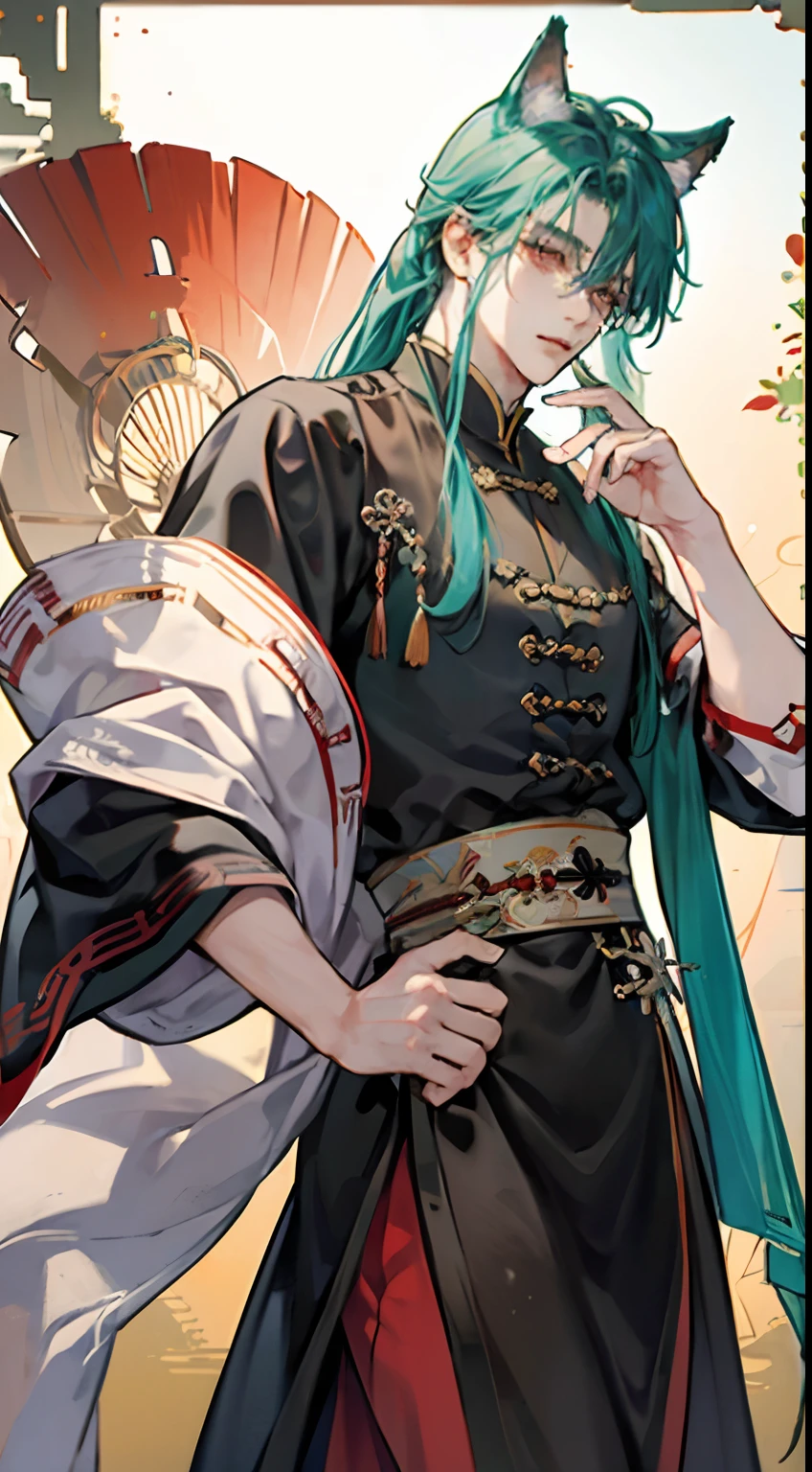 tmasterpiece，Need，A man，China-style，Chinese Ancient Times，Blue-green hair，dishiveredhair，long whitr hair，with long bangs，Handsome，virile，gentleness，large tall，A tranquil，Black robe，exteriors，cloaks，High hills，nevando， Young men，Quaint，tmasterpiece，Need，Leprechaun，red fox，Animal ears，Handsome guy，Silver，Long hair，Hair is scattered，Dark Hanfu，There are glasses on the face，Cool handsome