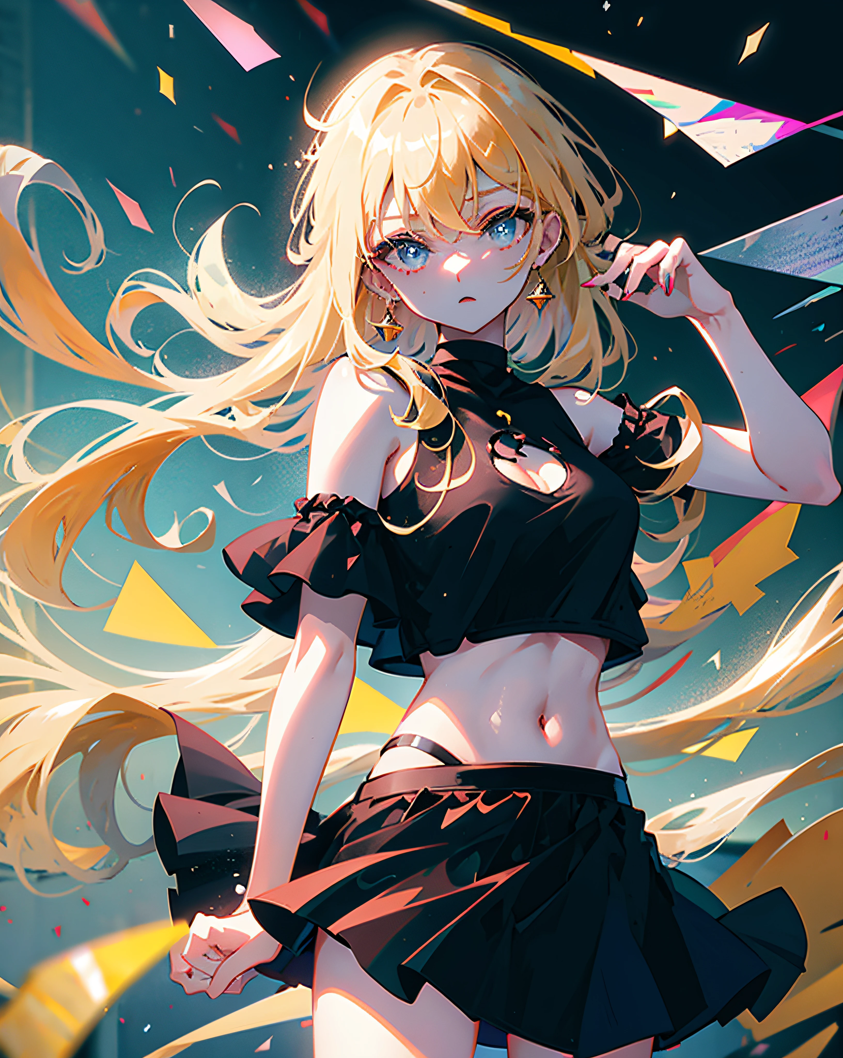 (Realistic painting style:1.0), Masterpiece, Best quality, absurderes, comic strip, illustration,
1 girl, Long hair, Cute girl, young and cute girl, Korean girl, {Breasts}, Hana, 
A girl in a black dress sits on a rock next to a tree, wearing sexy cropped top, wearing crop top and miniskirt, Black top, wearing a black cropped tank top, Black skirt, a black choker, 
Blonde, Blonde hair, blond hairbl,