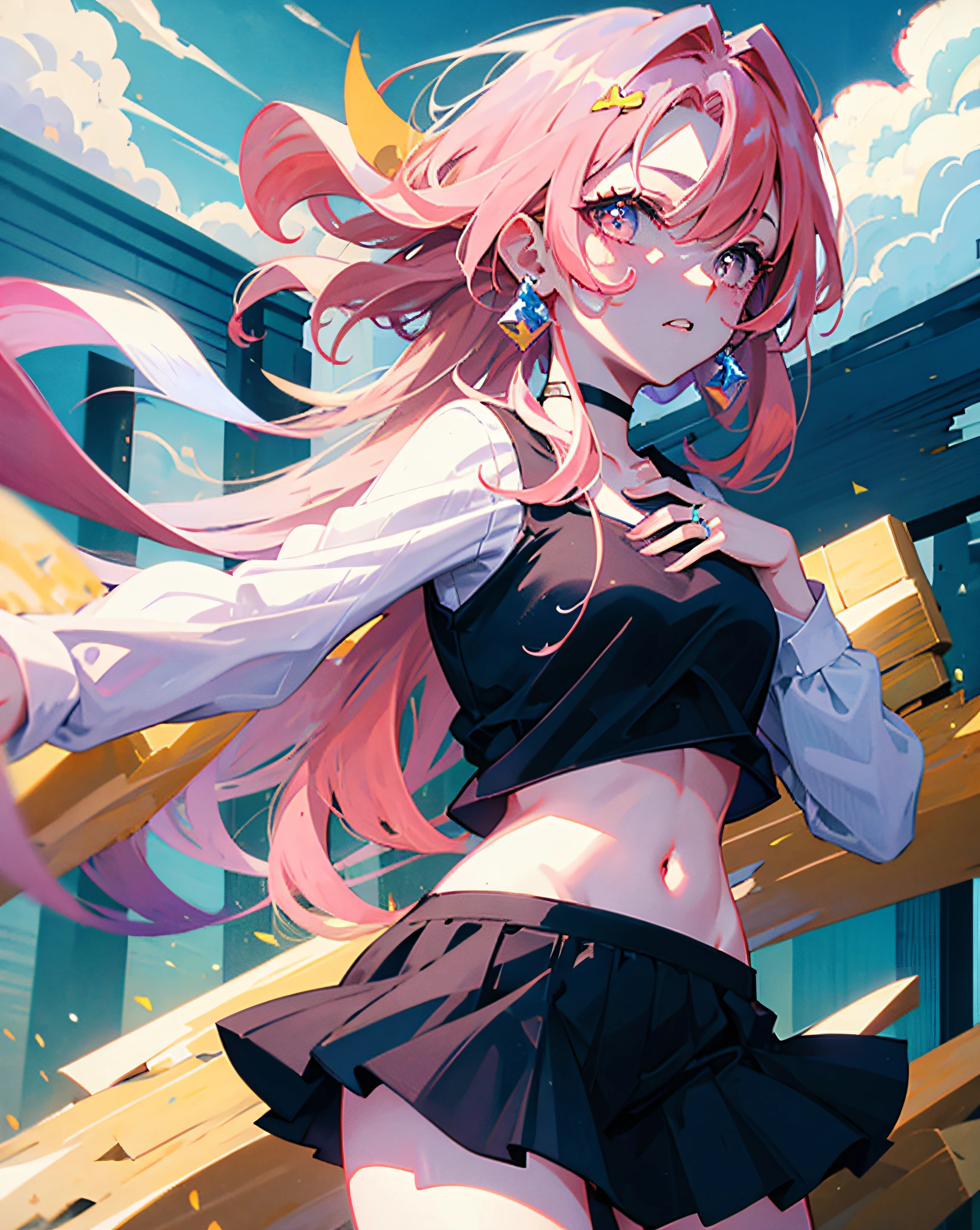 (Realistic painting style:1.0), Masterpiece, Best quality, absurderes, comic strip, illustration,
1 girl, Long hair, Cute girl, young and cute girl, Korean girl, {Breasts}, Hana, 
A girl in a black dress sits on a rock next to a tree, wearing sexy cropped top, wearing crop top and miniskirt, Black top, wearing a black cropped tank top, Black skirt, a black choker, 
Pink hair, Pink hair, with pink hair, with pink hair,