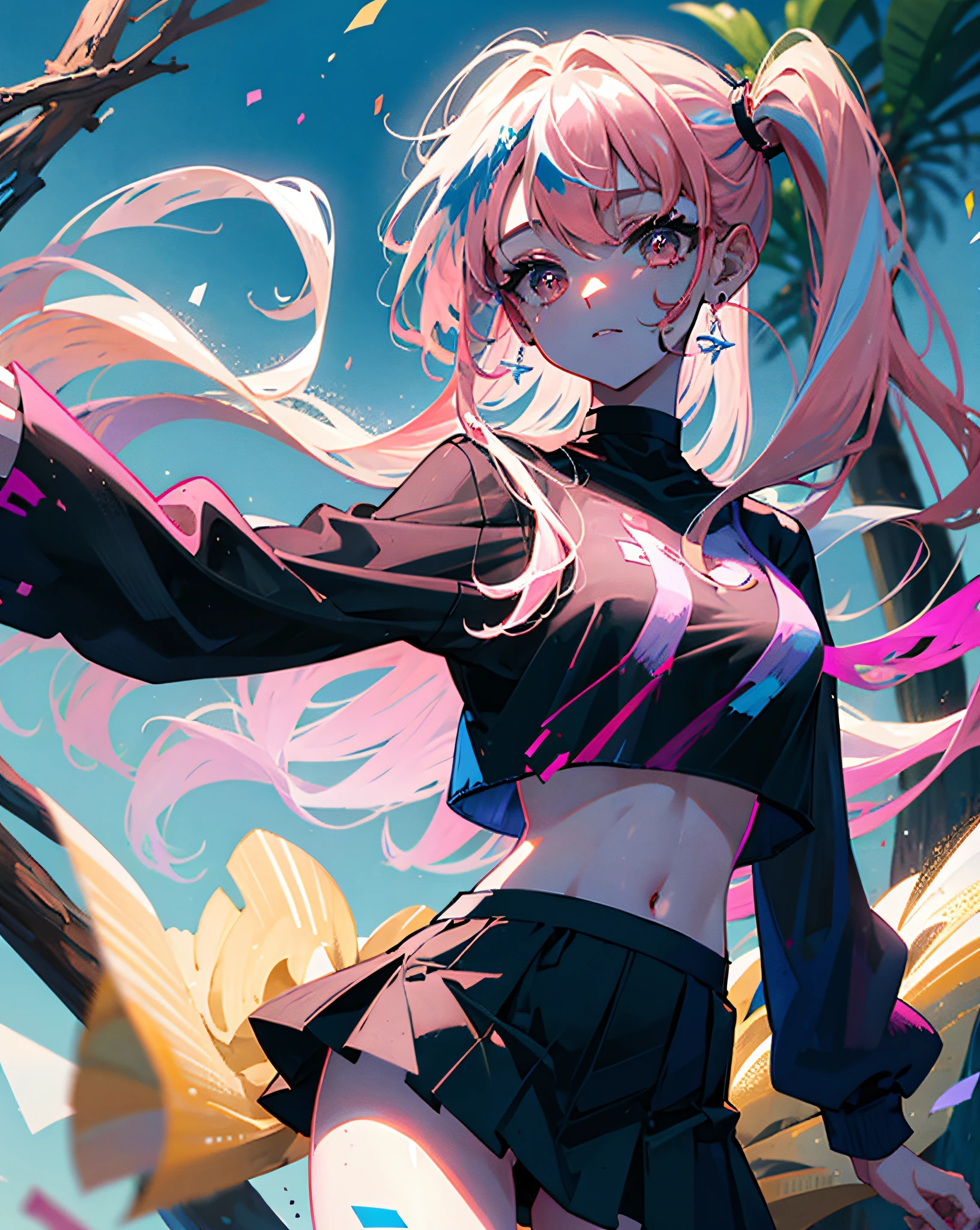 (Realistic painting style:1.0), Masterpiece, Best quality, absurderes, comic strip, illustration,
1 girl, Long hair, Cute girl, young and cute girl, Korean girl, {Breasts}, Hana,
A girl in a black dress sits on a rock next to a tree, wearing sexy cropped top, wearing crop top and miniskirt, Black top, wearing a black cropped tank top, Black skirt, a black choker,
Pink hair, Pink hair, with pink hair, with pink hair,