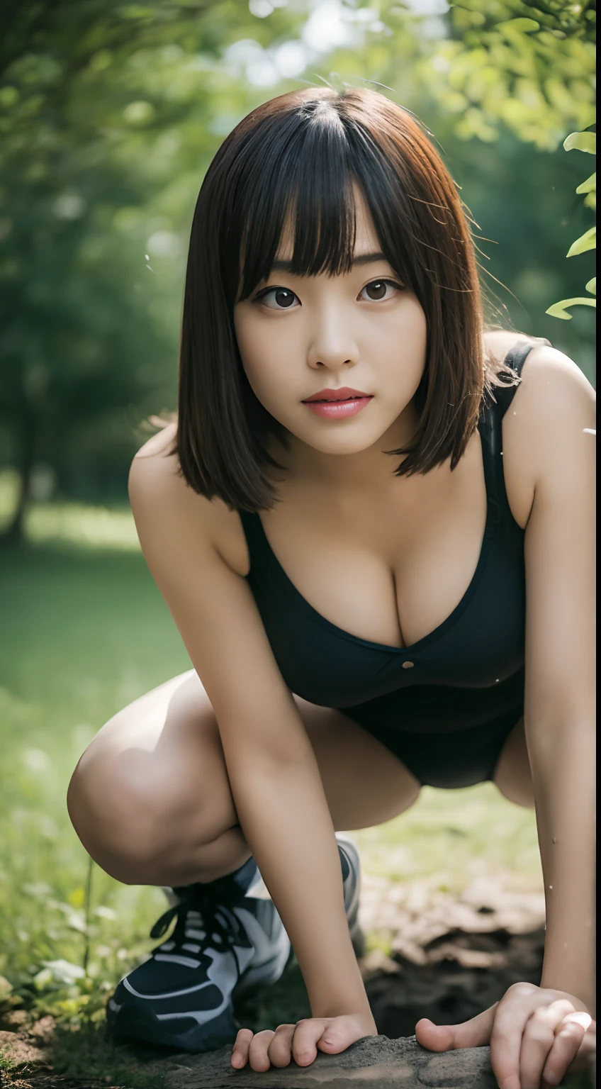 (top-quality、超A high resolution、​masterpiece:1.3)、Tall and beautiful woman、longeyelashes, Medium hair with bangs, longeyelashes, Parted lips, surrealism, drop shadow, anaglyph, Verism, depth of fields, Backlighting, Expose F/1.2, Super Detail, ccurate, Best Quality, low  angle shot:1.2, masutepiece, Detailed moisturized eyes, Textured skin, wetted skin, Best Quality, in 8K, blurry backround, ((big breasts thin waist, skinny thigh:1.1, long legged)), (Colossal tits), Natural Color Lip, ssmile, Young woman in perfect style, campsite, wanderer, Mountaineering shoes, Landscape with tent