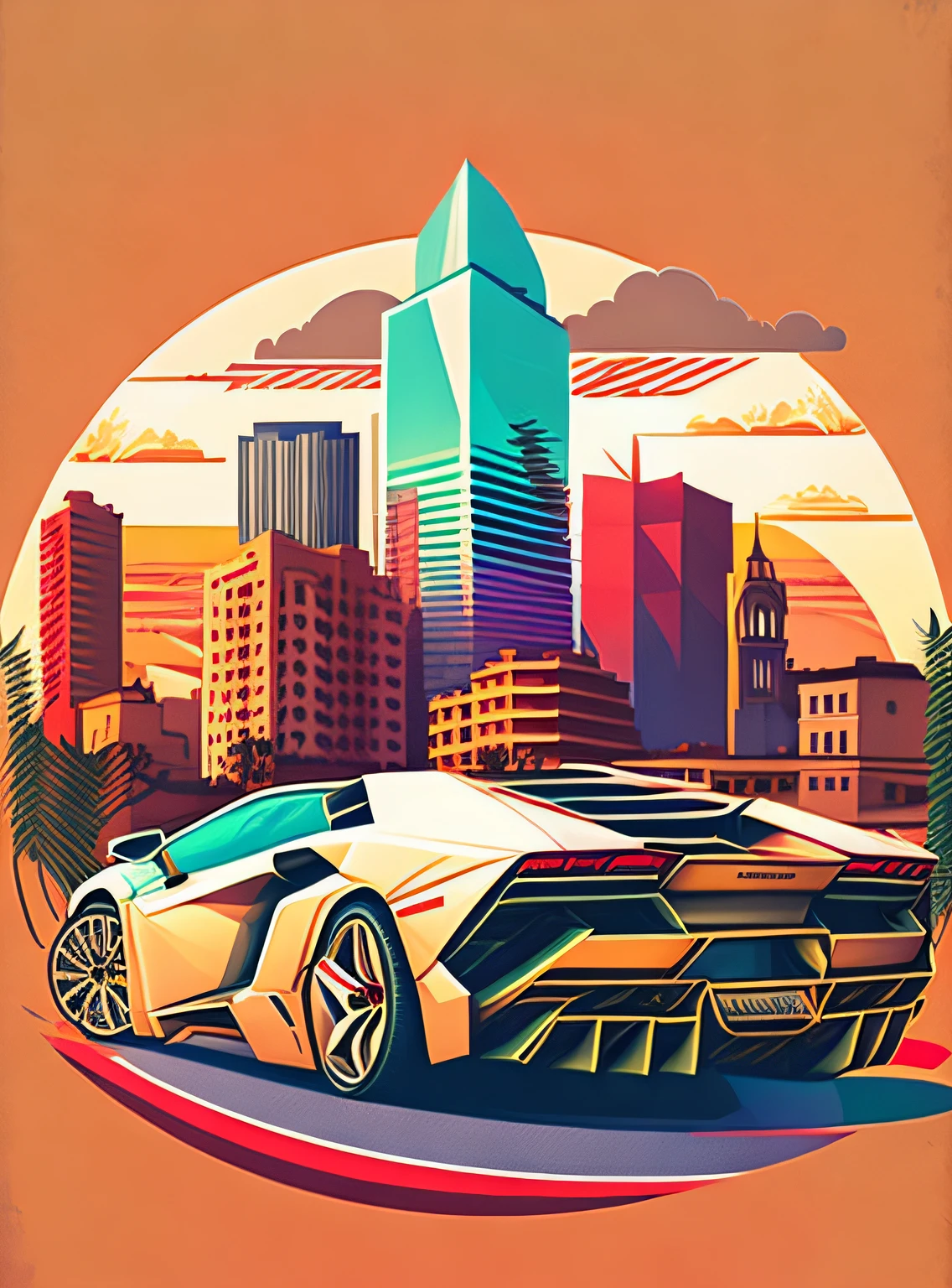 Lamborghini before sunset, Lush cityscape, Stylized T-shirt design, mid-journey, Vibrant vector art