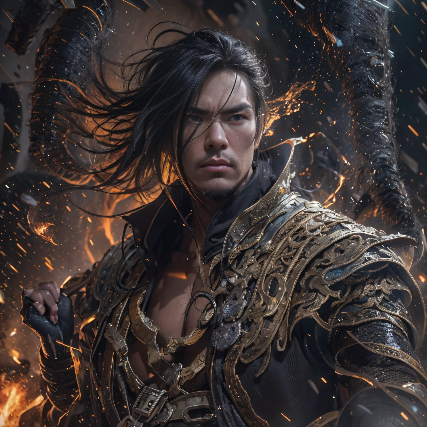 （Doomsday ruins）eyes filled with angry，He clenched his fists，Rush up，Deliver a fatal blow to your opponent，full bodyesbian，Full Body Male Mage 32K（tmasterpiece，k hd，hyper HD，32K）Long flowing black hair，Campsite size，zydink， a color， Dynamic posture（Explosive ruins）， （Linen batik scarf）， Angry fighting stance， looking at the ground， Batik linen bandana， Chinese python pattern long-sleeved garment， Thick paint（Abstract propylene splash：1.2）， Dark clouds lightning background，Flour flies（realisticlying：1.4），Black color hair，Flour fluttering，Background fog， A high resolution， the detail， RAW photogr， Sharp Re， Nikon D850 Film Stock Photo by Jefferies Lee 4 Kodak Portra 400 Camera F1.6 shots, Rich colors, ultra-realistic vivid textures, Dramatic lighting, Unreal Engine Art Station Trend, cinestir 800，Flowing black hair,（（（Male mage））），The male mage was furious，