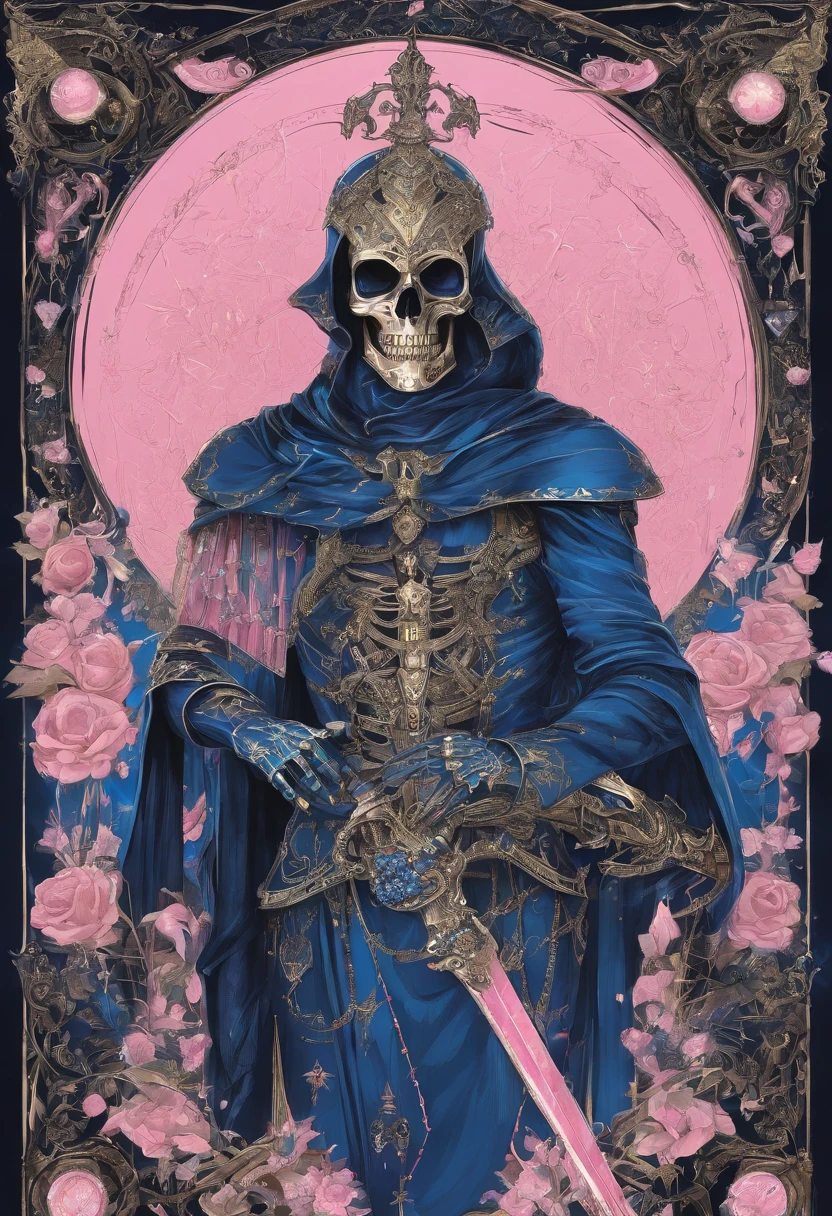 Blue Skeleton, in gold armor, white orb gems, pink triangle gems , Protection, best quality, masterpiece