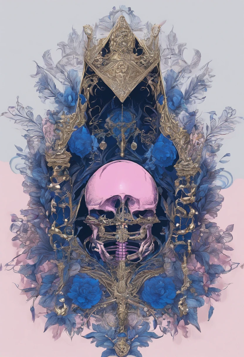 Blue Skeleton, in gold armor, white orb gems, pink triangle gems , Protection, best quality, masterpiece