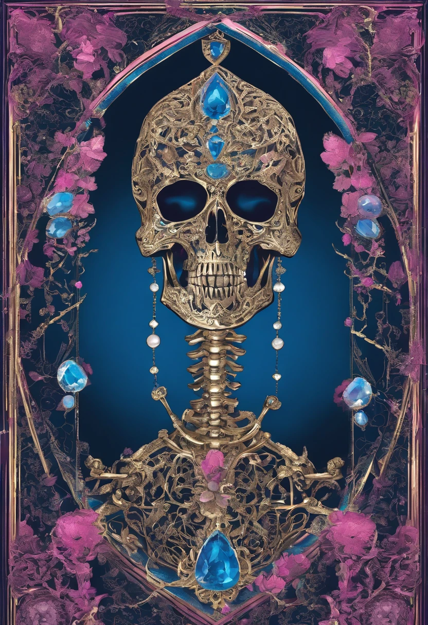 Blue Skeleton, in gold armor, white orb gems, pink triangle gems , Protection, best quality, masterpiece