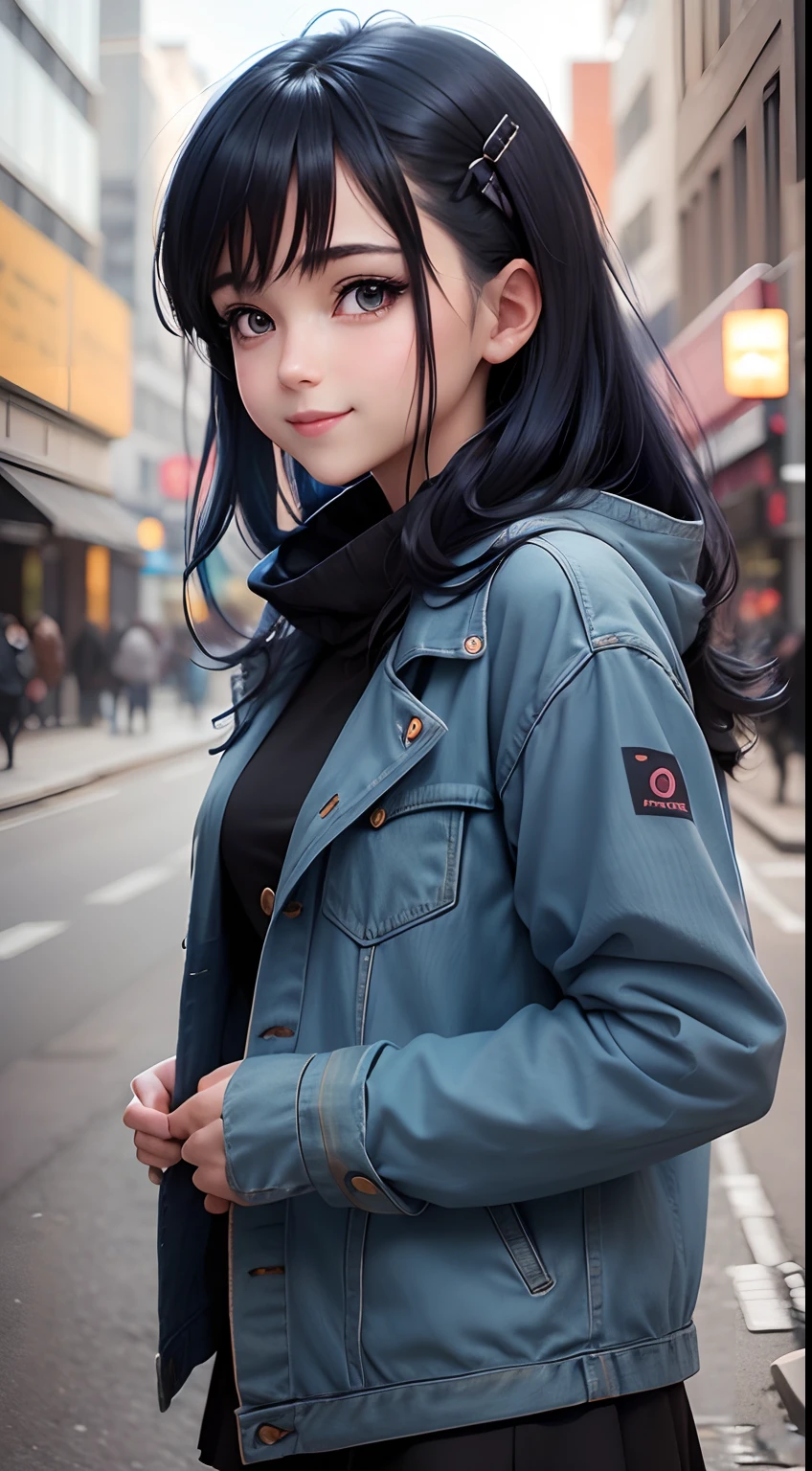 Anime girl, face: cuteness and smiling, eyes: cute and blue colour, clothes: modern clothes blue colour, hair: half black and half blue with best hairstyle, background: dark black, image type: ultra realistic 8k.