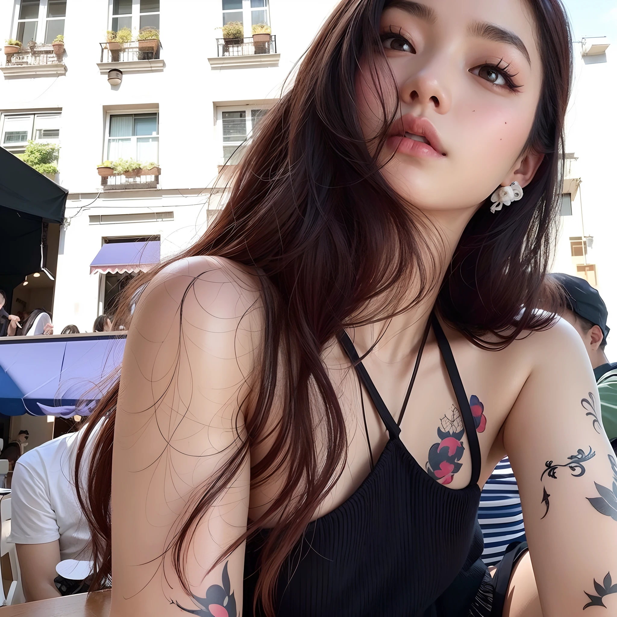 Araffed woman with a tattoo on her arm sitting on a table, de menina taiwanesa com tatuagens, com tatuagens, Ulzzang, cruel korean goth girl, Jinyoung Canela, jossi do blackpink, menina coreana, Mulher sul-coreana bonita, 19-year-old girl, Heonhwa Choe, com cabelos longos e olhos penetrantes, Coberto