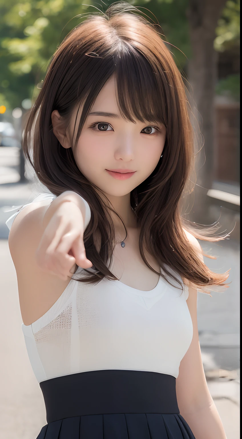 Tabletop, highest quality, figure, Very detailed, In detail, High resolution, 8k wallpaper, Perfect dynamic composition, Beautiful fine details, Natural color lip, Random sexy poses,smile,Aoyama Street Walk、20-year-old girl、Extreme costumes、No underwear、No underwear、Skirt flip、Skirt tucked up、Expose、Strong winds、Hold down the flipped up skirt with your hands、The skirt flips up and her genitals are exposed.、Fancy little panties、Lower body naked