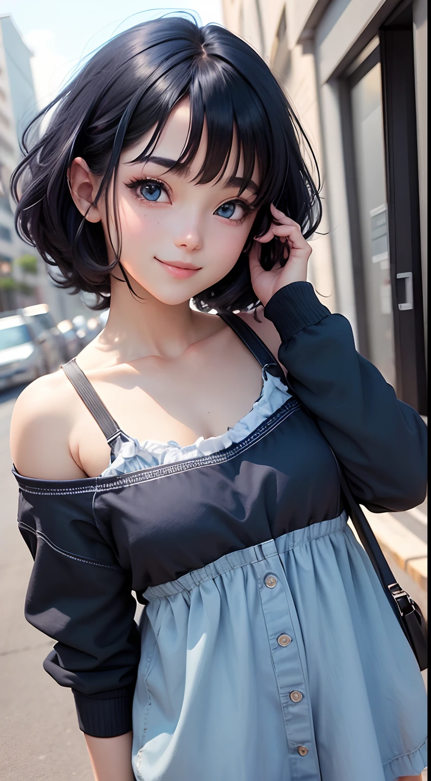 Anime girl, face: cuteness and smiling, eyes: cute and blue colour, clothes: modern clothes blue colour, hair: half black and half blue with best hairstyle, background: dark black, image type: ultra realistic 8k.
