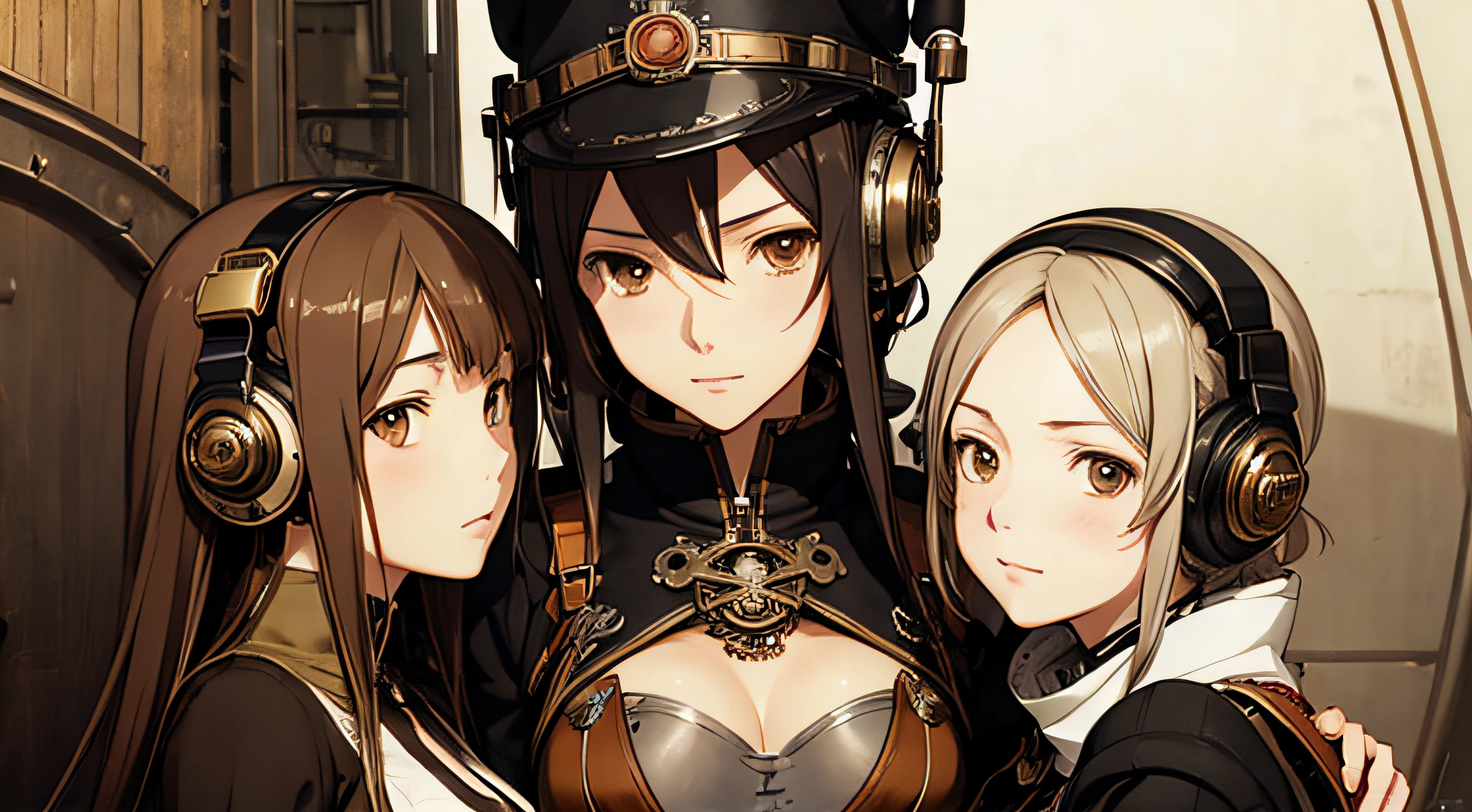 steampunk, three mature girls hugging, range murata, last exile, flowing hair, steampunk headphones, hair decorations, ship