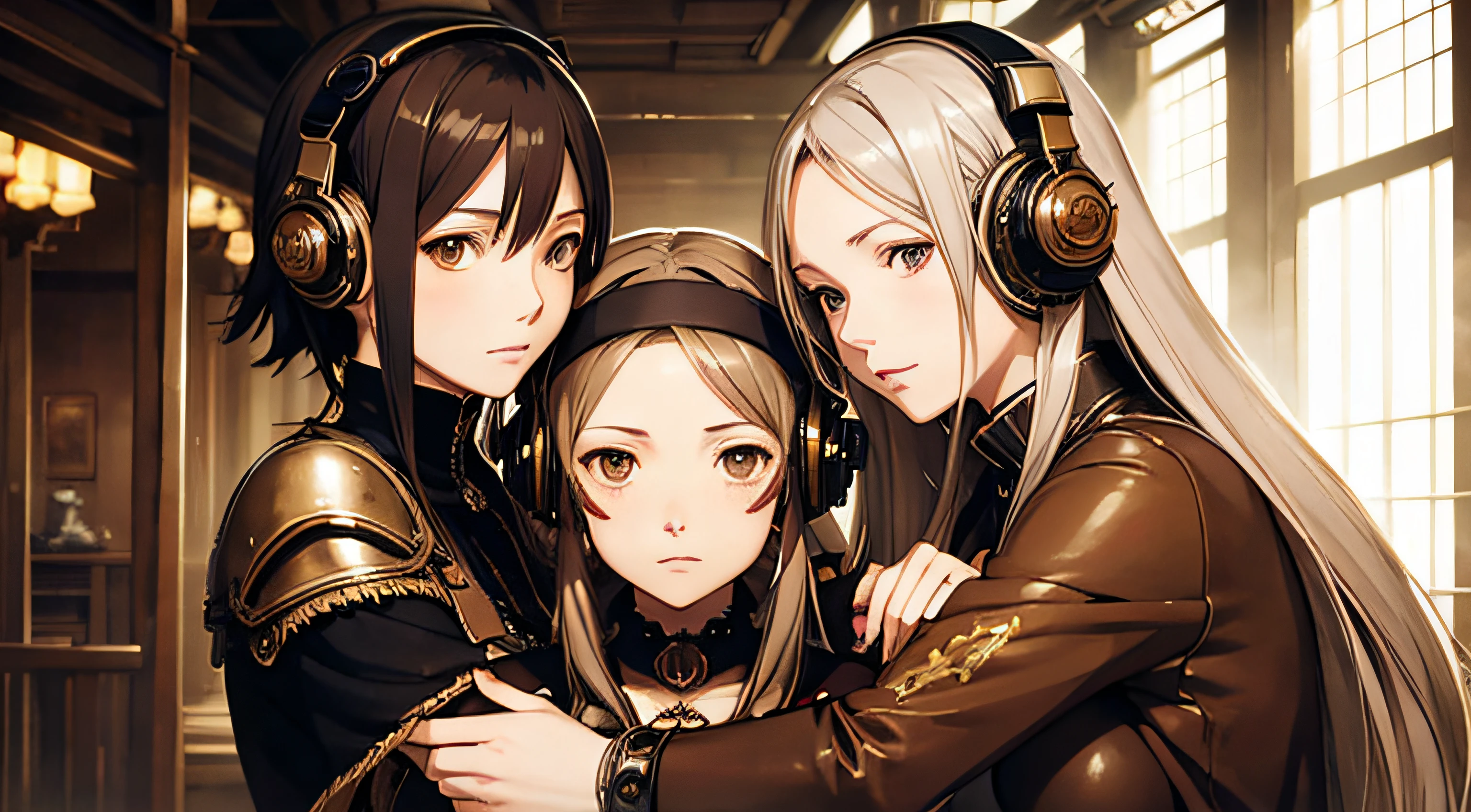 three mature women, one girl hugging the other girl from behind, flowing hair, range murata, last exile, steampunk, decorative headphones, decorative steampunk background, gold halo,
