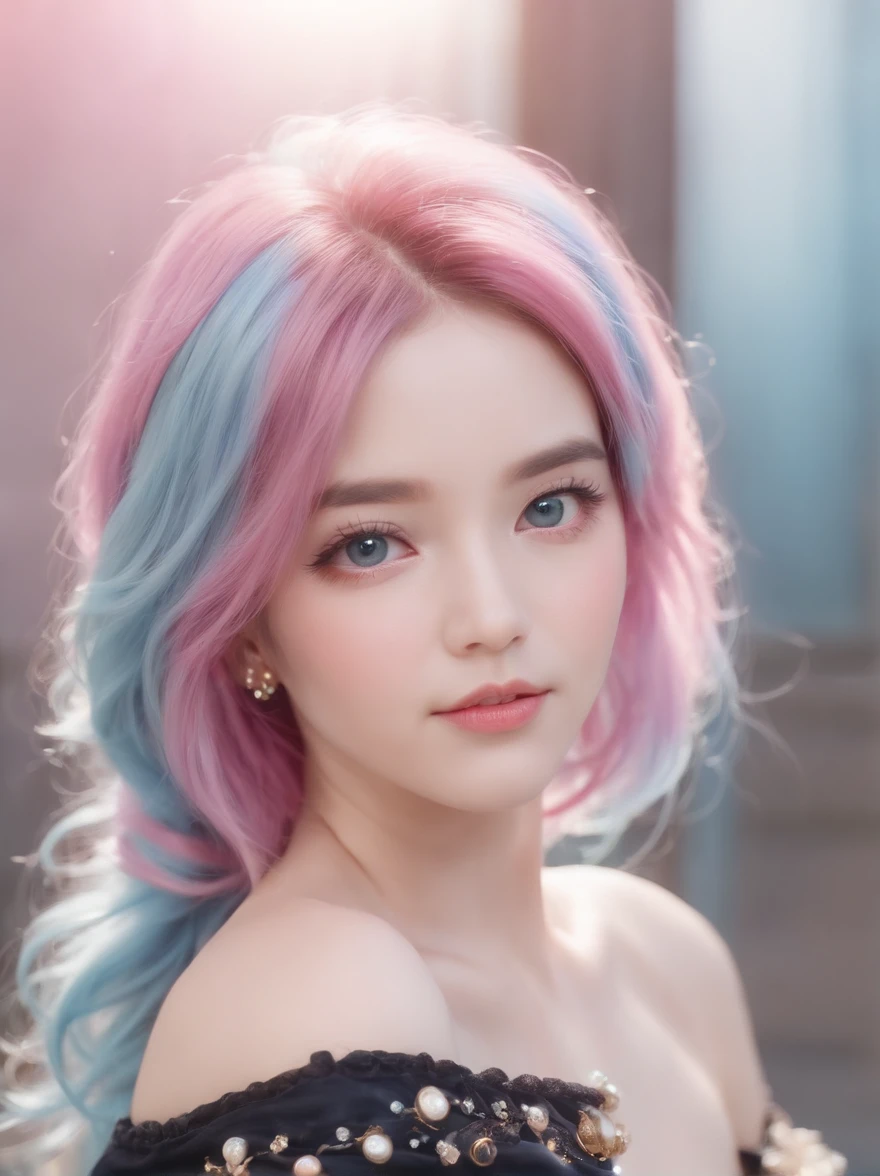 (Best quality:1.3),4K,8K,8K portrait,16 k,(masutepiece:1.2),1girl in,Solo,(Maximalism:1.5),opals,ultra - detailed,absurderes,(Very detailed beautiful face and eyes:1.3), (Beautiful hair details:1.3),Delicate composition, (full bodyesbian:1.5),(full-length figure:1.5), Super cute girl,(Medium hair:1.4),Pink eyes,Light blue eyes,(Pink hair:1.5),(Light blue hair:1.2),(Jewelry hair accessories:1.3), (jewelry eyes:1.3),(eyeslashes:1.2),(symbol in eyes:1.3),(A high resolution, Twinkle,glitters,Lens flare,light particules,Shining:1.3),(Cute:1.5)