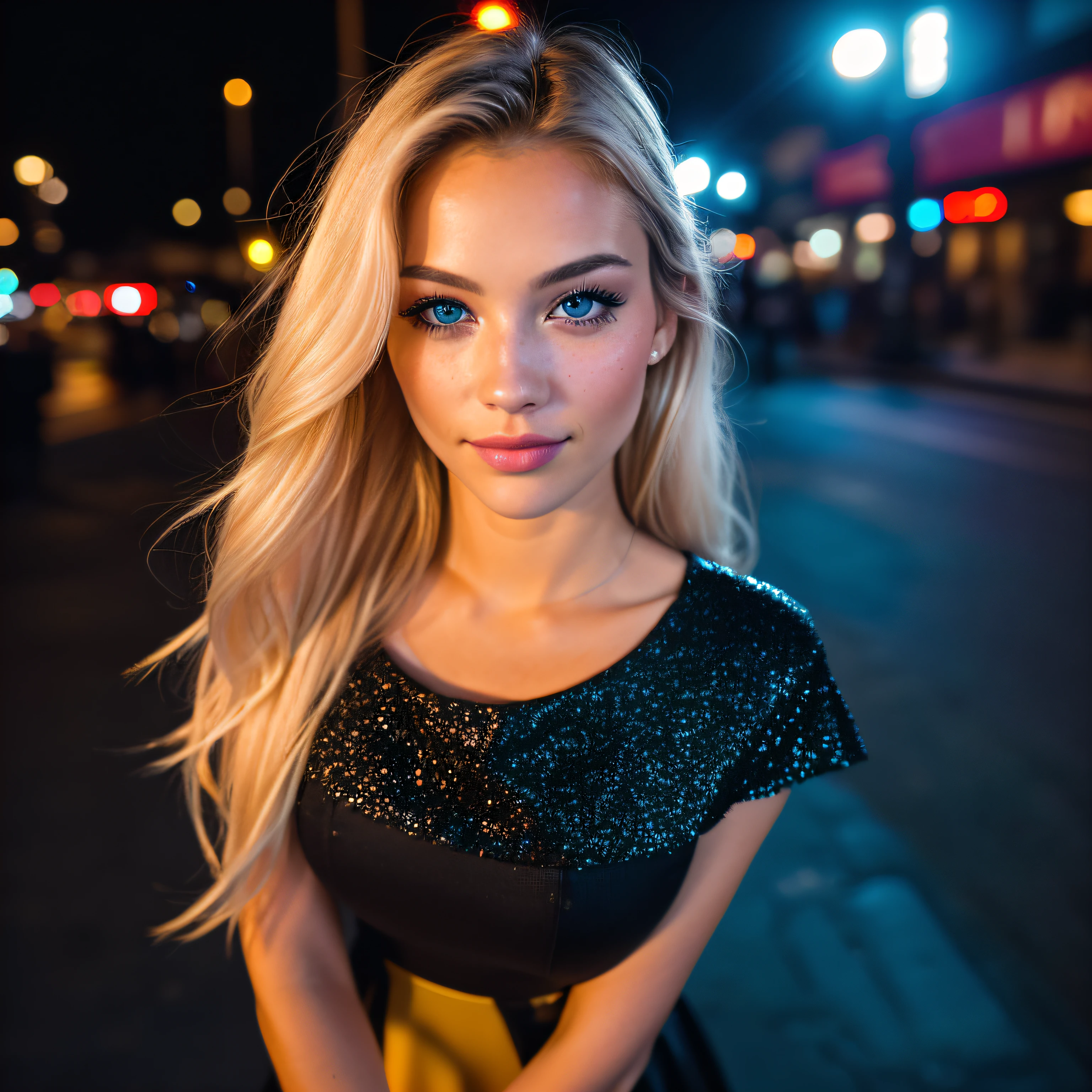 (selfie, top view: 1.4), (straight half of the body: 1.4), RAW UHD portrait photo of a 24-year-old blonde (blue-eyed woman) walking down a dark alley, large breasts,, city at night, (skirt), (neckline), details (textures! , hair! , glitter, color!! , disadvantages: 1.1), glossy eyes with high detail (looking at the camera), SLR lighting, SLR camera, ultra-quality, sharpness, depth of field, film grain (center), Fujifilm XT3, crystal clear, frame center, beautiful face, sharp focus, street lamp, neon lighting, bokeh (dimly lit), night, (night sky), detailed skin pores, oily skin, sunburn, complex eye details, full body, large breasts, in night club