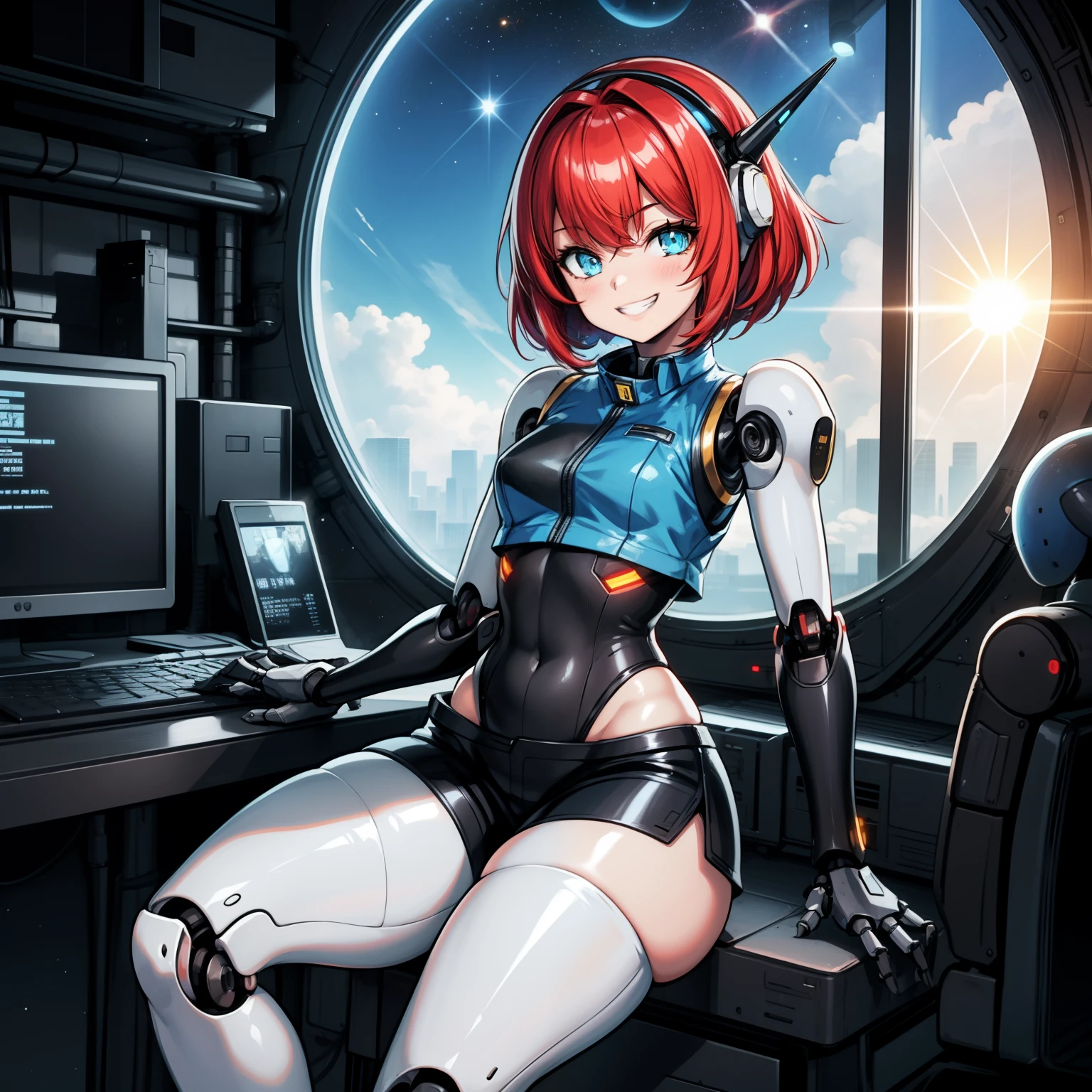 1girl,solo, short hairs,red hairs,light blue eyes, curvy,humanoid robot, joints, robot, robot joints, shiny, shiny skin, thighs, robot, humanoid robot, robot girl,indoor, window,science fiction,grin,short shorts ,sleeveless jacket ,sci-fi ,factory,monitor,retrowave, space in background,planet,sun,galaxy