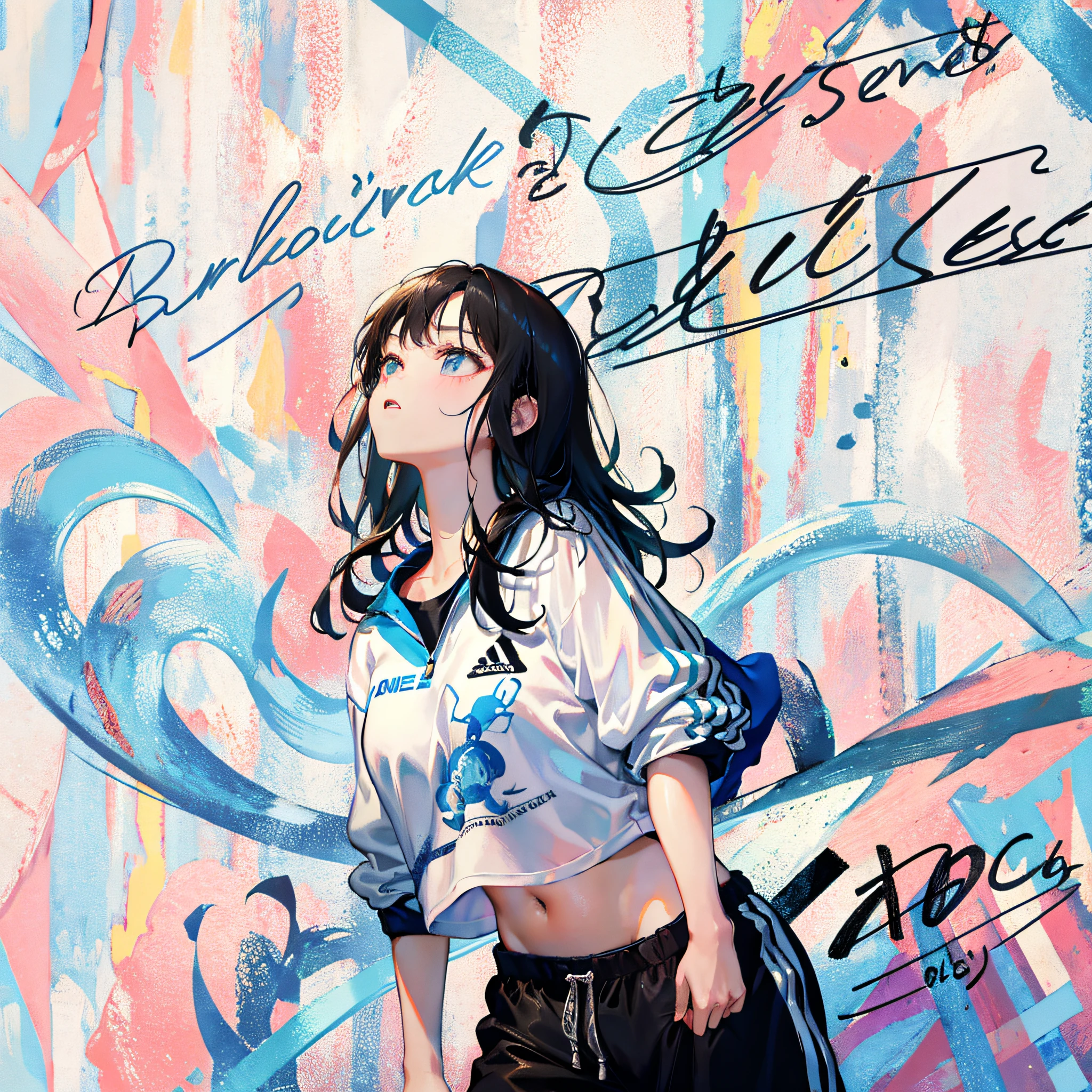 (Realistic painting style:1.0), Masterpiece, Best quality, absurderes, comic ?????, illustration,
1 girl, Medium hair, Cute girl, young and cute girl, Korean girl, {Breasts}, Width 17, 
A girl in a white shirt and black shorts, Wearing track suit, croptop, trending on r/Street attire, She is seen wearing streetwear pieces, Wearing track suit, Sportswear,