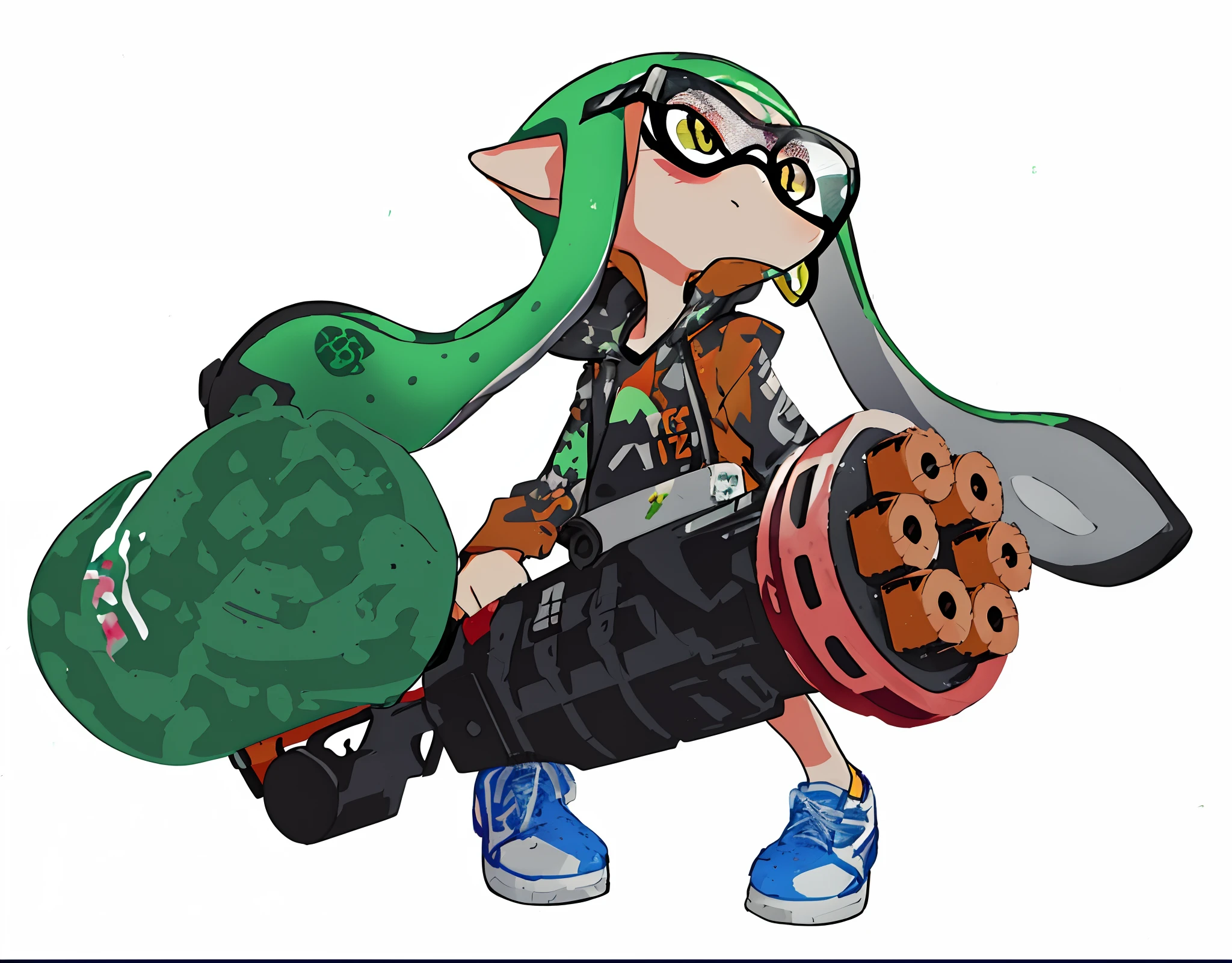 , with splatoon style, Splatoon, Splatoon 3, squids, I have a squid tattoo on my arm, squid, With a tattoo of a squid, Splattered goo, maple story gun girl, splashcreen character art, arms akimbo pose, Portrait of the Wizard of Squid, Squid attack, videogame character
