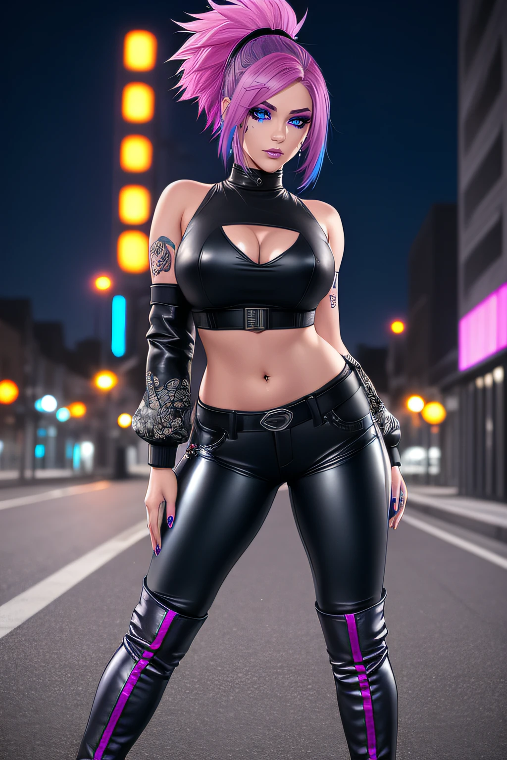 beautiful girl, full body, short bright blue and magenta dishevelled hair, large blue piercing eyes, black eyeshadow, (street style wear:1.2), ((tight fitted pants)), ((knee high leather boots)), (city night background:1.2), dark makeup, digital art, trending on artstation, highly detailed, fine detail, intricate, beautiful detailed glow, detailed, Cinematic light, high-res, detailed facial features, sharp focus, smooth, aesthetic,