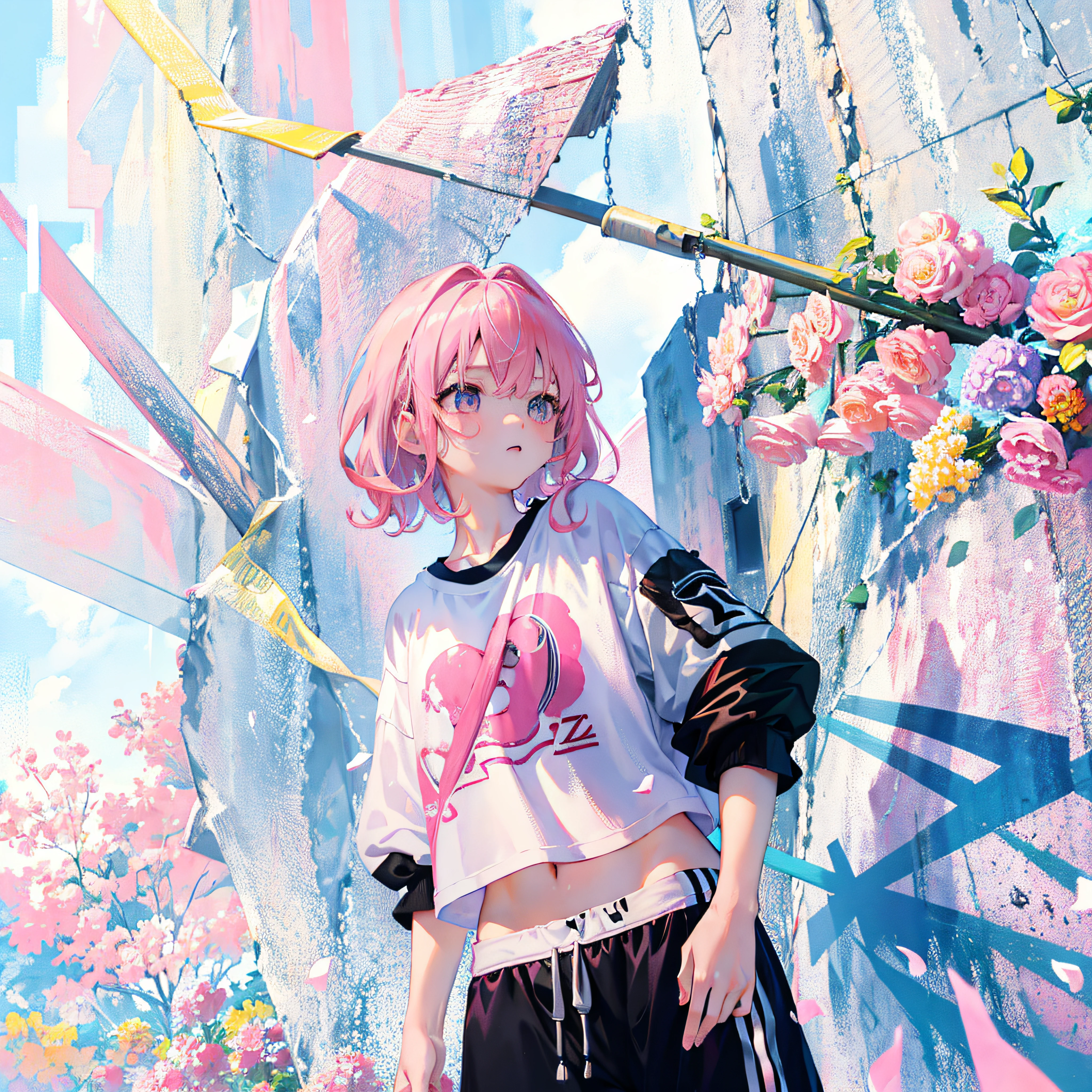 (Realistic painting style:1.0), Masterpiece, Best quality, absurderes, comic strip, illustration,
1 girl, medium hair, cute girl, young and cute girl, Korean girl, {Breasts}, kuan17,
a girl in a white shirt and black shorts, wearing sports clothing, croptop, trending on r/streetwear, she is wearing streetwear, wearing sportswear, sportswear,
pink hair, pink color hair, with pink hair, with pink color hair,