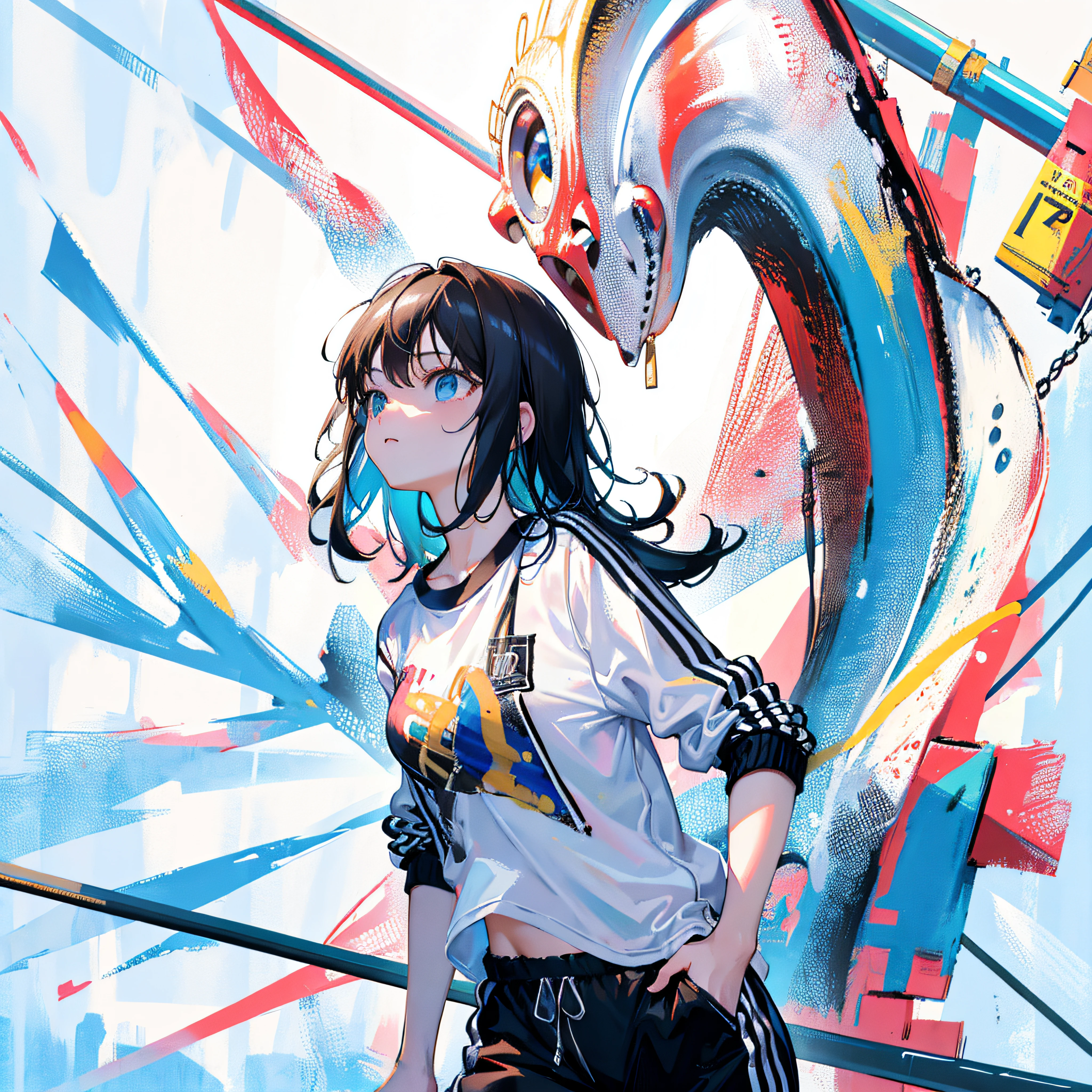 (Realistic painting style:1.0), Masterpiece, Best quality, absurderes, comic strip, illustration,
1 girl, Medium hair, Cute girl, young and cute girl, Korean girl, {Breasts}, Width 17,
A girl in a white shirt and black shorts, Wearing track suit, croptop, trending on r/Street attire, She is seen wearing streetwear pieces, Wearing track suit, Sportswear,