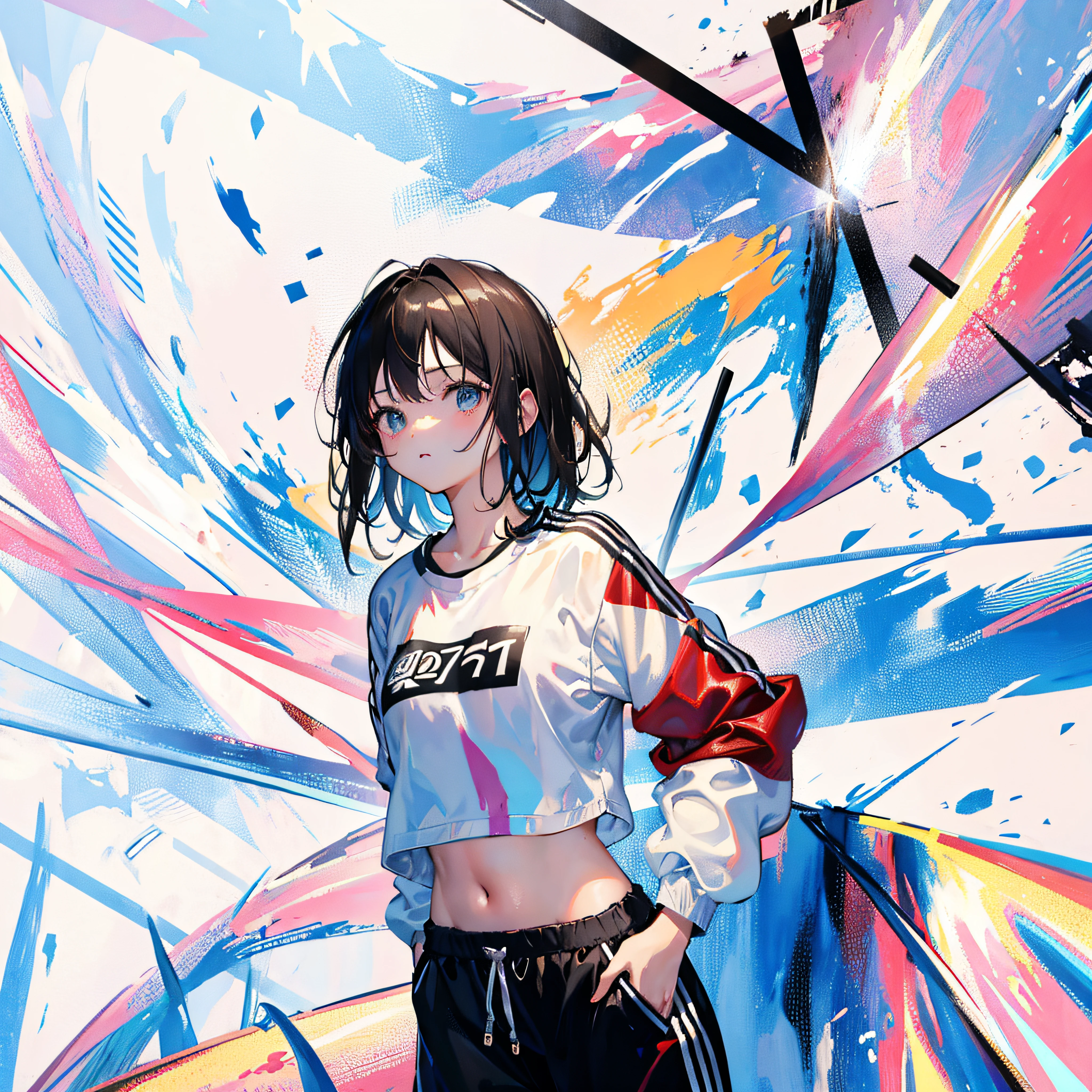 (Realistic painting style:1.0), Masterpiece, Best quality, absurderes, comic strip, illustration,
1 girl, Medium hair, Cute girl, young and cute girl, Korean girl, {Breasts}, Width 17,
A girl in a white shirt and black shorts, Wearing track suit, croptop, trending on r/Street attire, She is seen wearing streetwear pieces, Wearing track suit, Sportswear,
