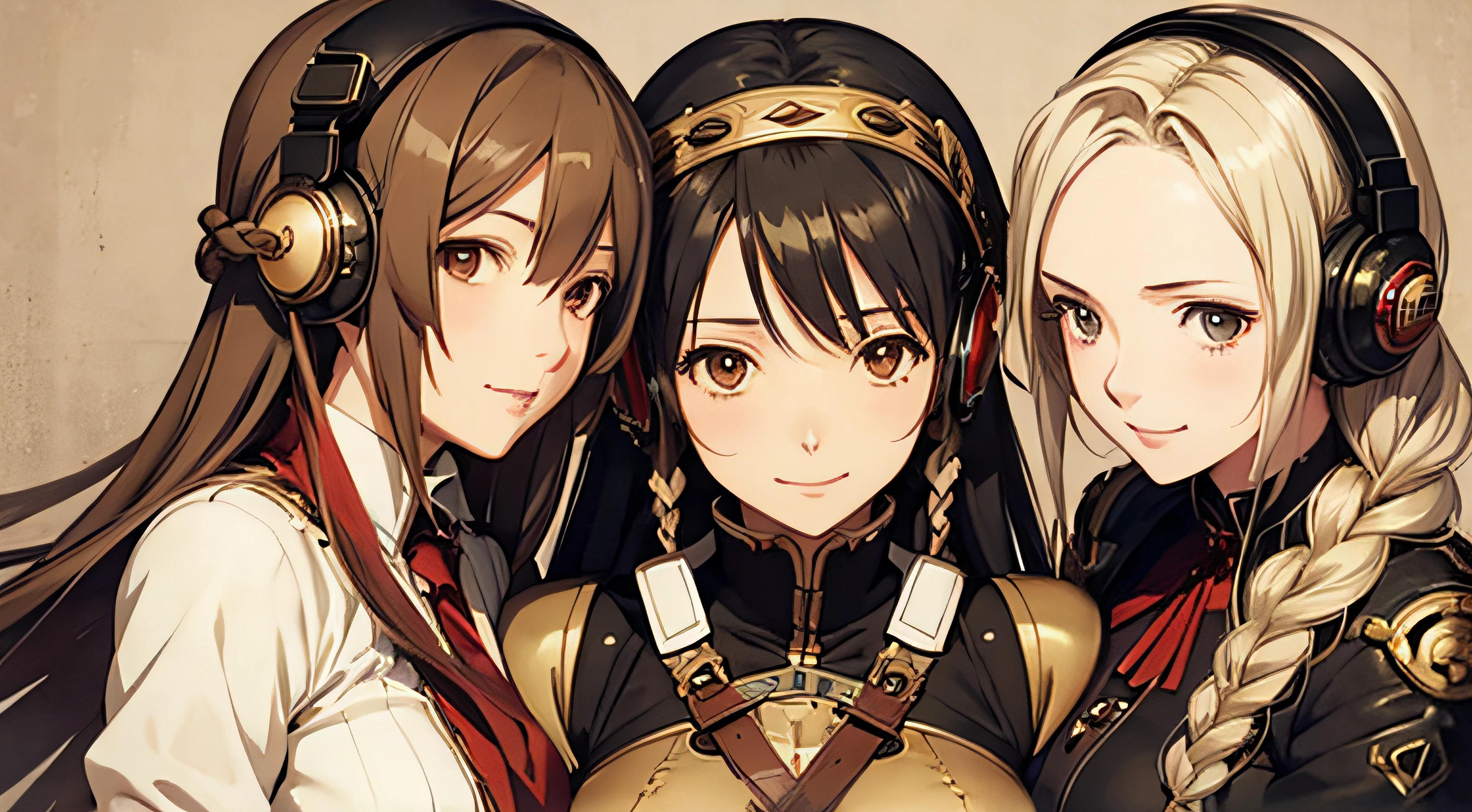 steampunk, three mature girls hugging, smiling, range murata, last exile, flowing hair, braided hair, steampunk headphones, hair decorations, ship