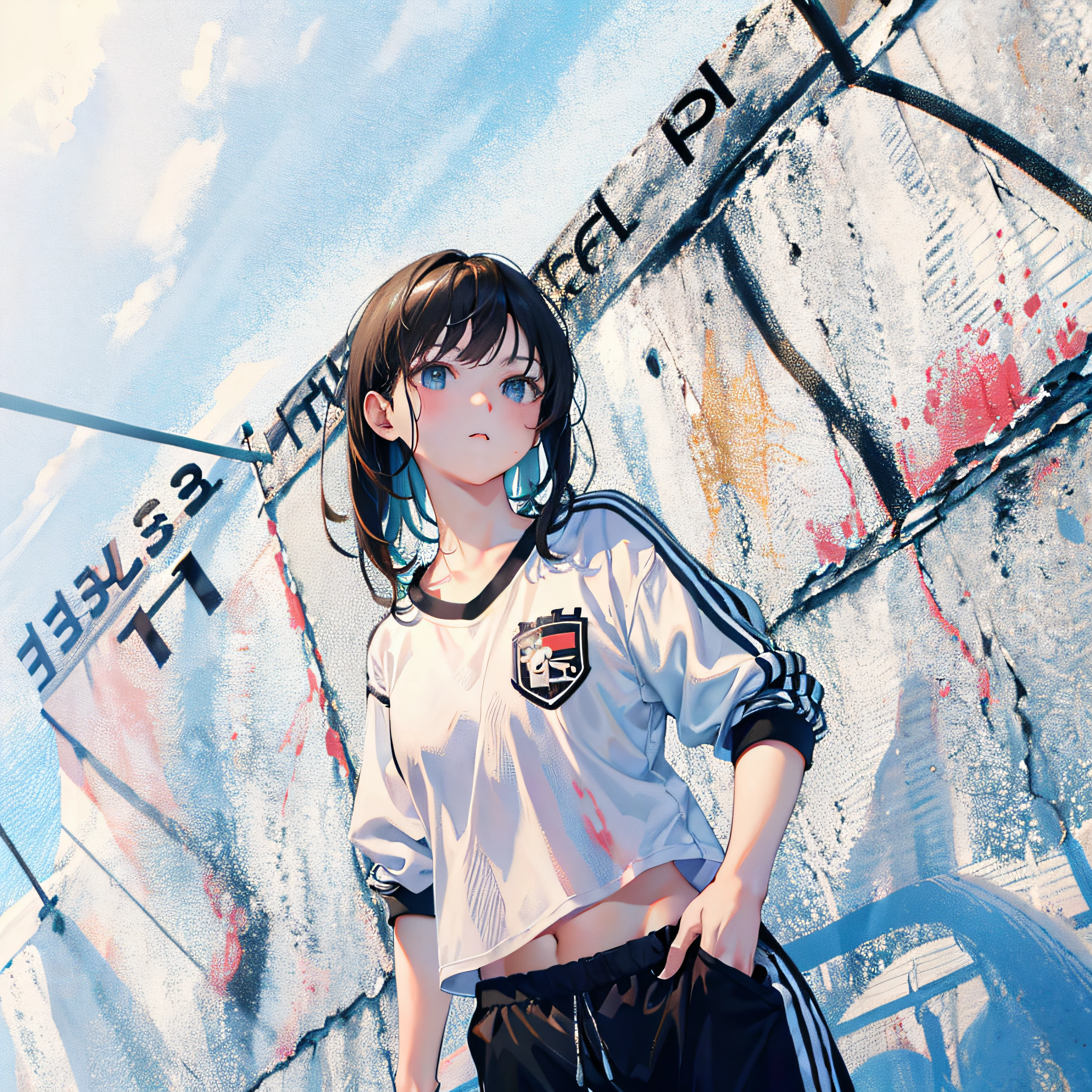 (Realistic painting style:1.0), Masterpiece, Best quality, absurderes, comic strip, illustration,
1 girl, Medium hair, Cute girl, young and cute girl, Korean girl, {Breasts}, Width 17,
A girl in a white shirt and black shorts, Wearing track suit, croptop, trending on r/Street attire, She is seen wearing streetwear pieces, Wearing track suit, Sportswear,