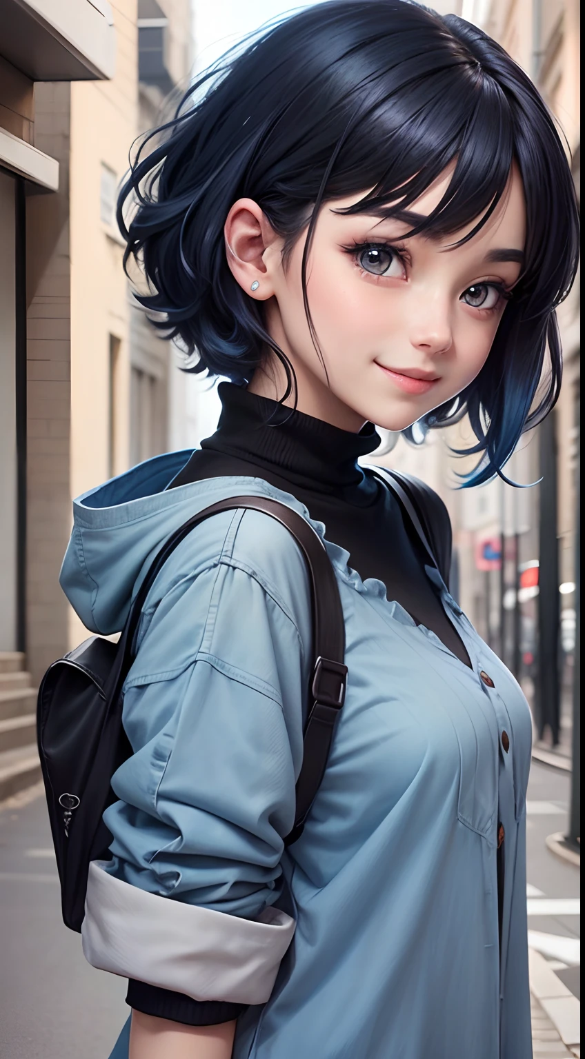 Anime girl, face: cuteness and smiling, eyes: cute and blue colour, clothes: modern clothes blue colour, hair: half black and half blue with best hairstyle, background: dark black, image type: ultra realistic 8k.
