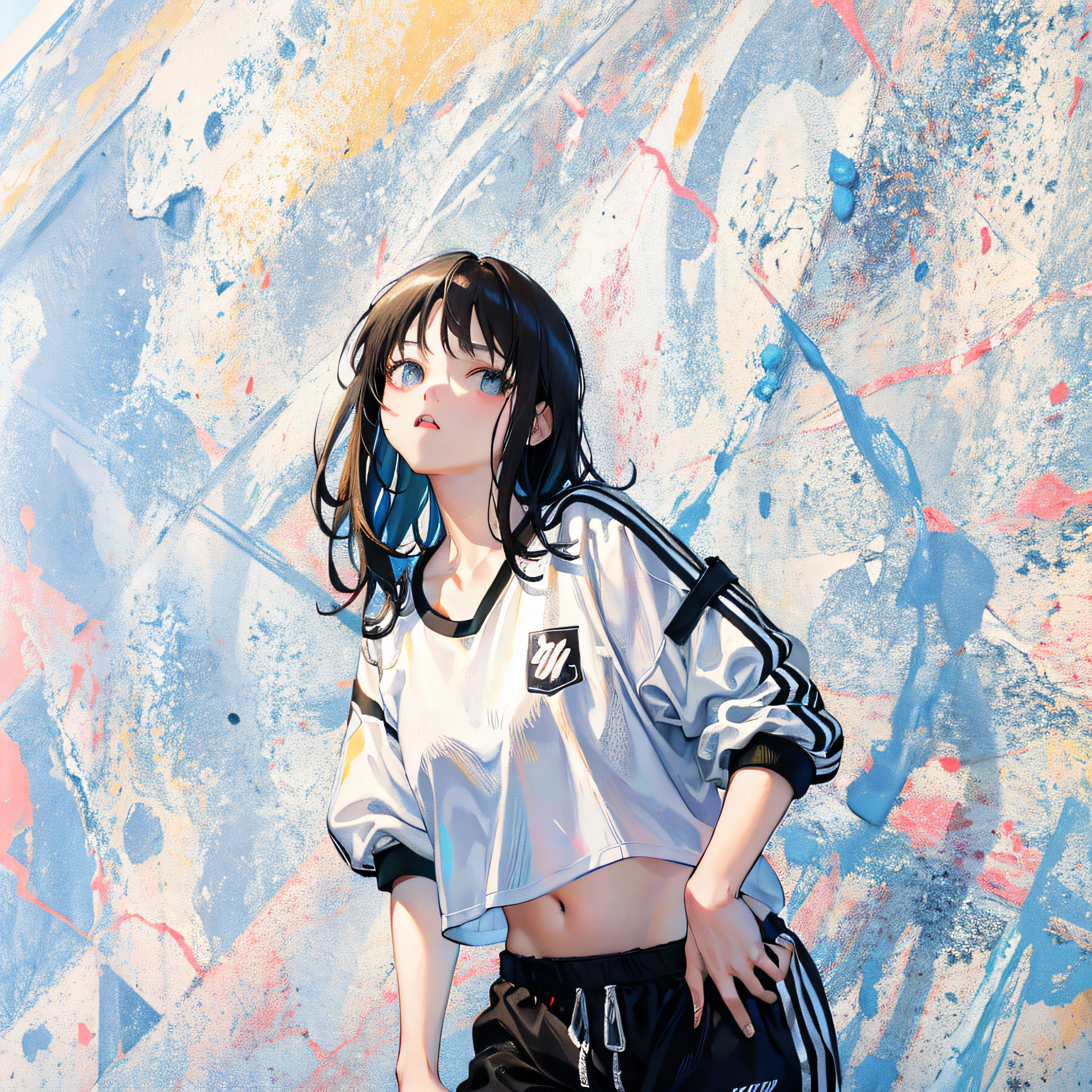 (Realistic painting style:1.0), Masterpiece, Best quality, absurderes, comic strip, illustration,
1 girl, Medium hair, Cute girl, young and cute girl, Korean girl, {Breasts}, Width 17,
A girl in a white shirt and black shorts, Wearing track suit, croptop, trending on r/Street attire, She is seen wearing streetwear pieces, Wearing track suit, Sportswear,
