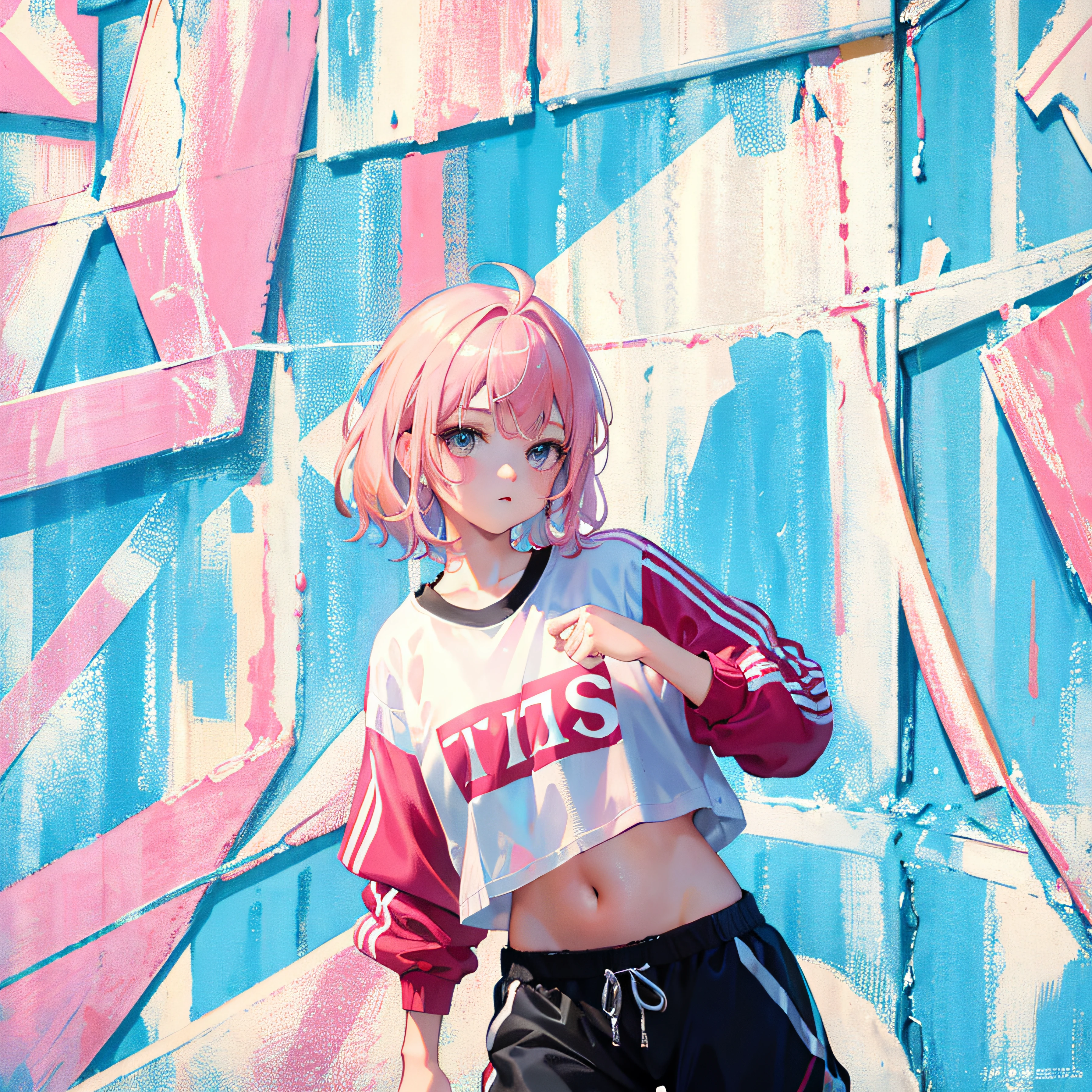(Realistic painting style:1.0), Masterpiece, Best quality, absurderes, comic strip, illustration,
1 girl, Medium hair, Cute girl, young and cute girl, Korean girl, {Breasts}, Width 17,
A girl in a white shirt and black shorts, Wearing track suit, croptop, trending on r/Street attire, She is seen wearing streetwear pieces, Wearing track suit, Sportswear,
Pink hair, Pink hair, with pink hair, with pink hair,