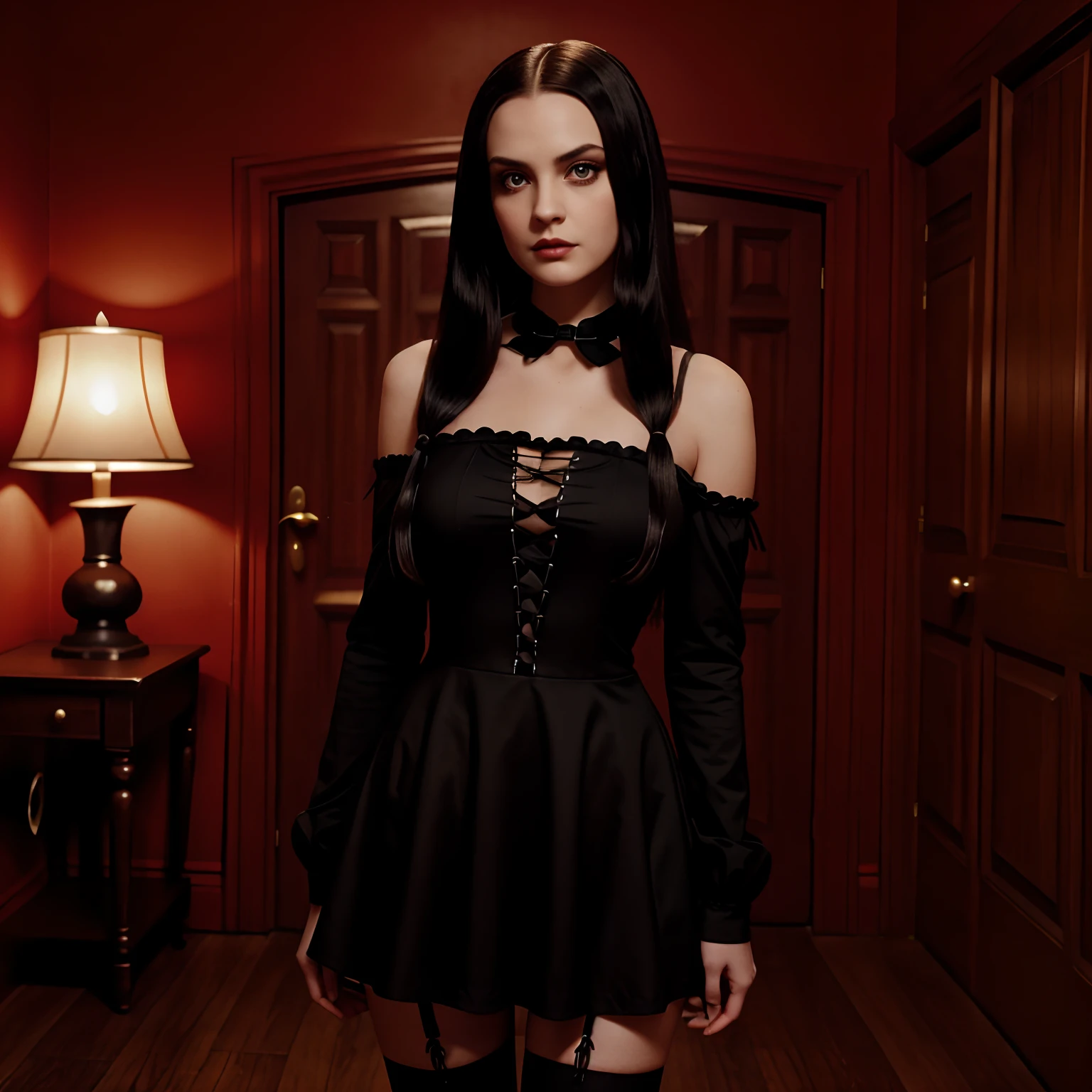 Generate full-body photography of Autumn, the charismatic influencer, embodying the iconic Wednesday Addams from the Addams Family. She should appear in her mid-20s, standing approximately 5'4" tall, with long, wavy chestnut hair that cascades gracefully onto her shoulders. Autumn boasts an athletic hourglass figure, elegantly accentuated by her full bust. Her complexion exudes perfection, adorned with a warm, sun-kissed tan. Autumn's expressive brown eyes radiate charisma, and she maintains a relaxed and confident demeanor.Autumn should be dressed in an impeccable Wednesday Addams-inspired ensemble. Her attire includes a fitted, knee-length black dress with a white Peter Pan collar. She pairs this with matching black stockings and plain black shoes, completing the classic look.The surroundings should set the stage for the Addams Family's eerie yet charming ambiance. The photoshoot takes place in a mysterious and dimly lit Victorian-style mansion, with antique furniture and peculiar decorations, capturing the essence of the Addams Family mansion.In terms of poses, Autumn should channel Wednesday's enigmatic persona. Capture her in a series of poses that convey a sense of curiosity, mystery, and a touch of dark humor. These poses should highlight her uncanny ability to embody the character.Employ an intense look, dark makeup, and symmetrical features to recreate Wednesday Addams' distinctive appearance. Utilize photorealistic techniques with path tracing, specular lighting, volumetric face light, path-traced hair, visible shadows, and intricate details to bring Autumn's transformation into Wednesday Addams to life. Create an elaborate and hyper-realistic portrayal of this iconic character.