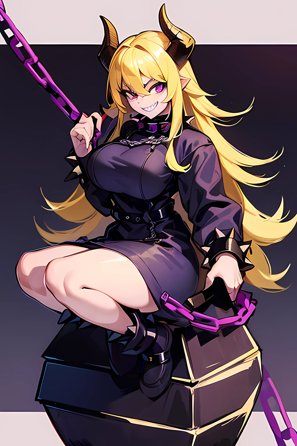 1girl, blonde hair, spiked collar, sharp teeth, purple eyes, black and white prison uniform, chains, smug, black horns, hands chained