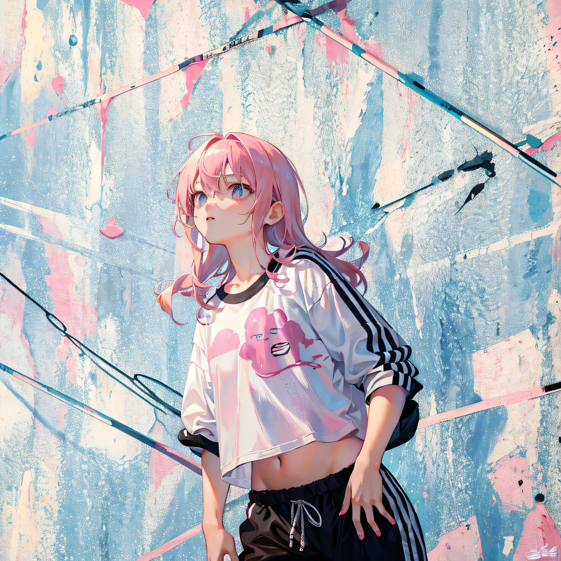 (Realistic painting style:1.0), Masterpiece, Best quality, absurderes, comic strip, illustration,
1 girl, Medium hair, Cute girl, young and cute girl, Korean girl, {Breasts}, Width 17,
A girl in a white shirt and black shorts, Wearing track suit, croptop, trending on r/Street attire, She is seen wearing streetwear pieces, Wearing track suit, Sportswear,
Pink hair, Pink hair, with pink hair, with pink hair,