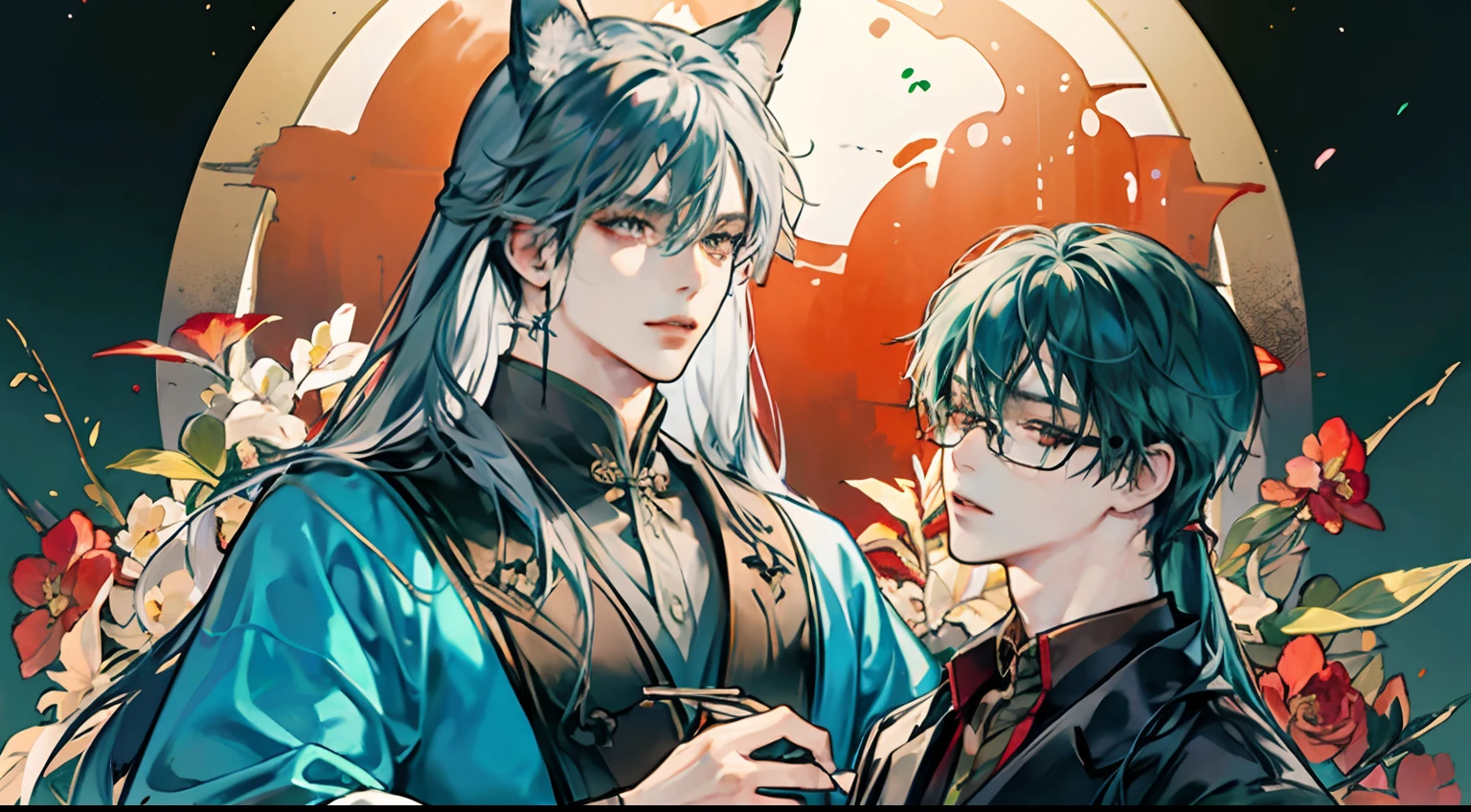 tmasterpiece,Need,A man,China-style,Chinese Ancient Times,Blue-green hair,dishiveredhair,long whitr hair,with long bangs,Handsome,virile,gentleness,large tall,A tranquil,Black robe,exteriors,cloaks,High hills,nevando, Young men,Quaint,tmasterpiece,Need,Leprechaun,red fox,Animal ears,Handsome guy,Silver,Long hair,Hair is scattered,Dark Hanfu,There are glasses on the face,Cool handsome