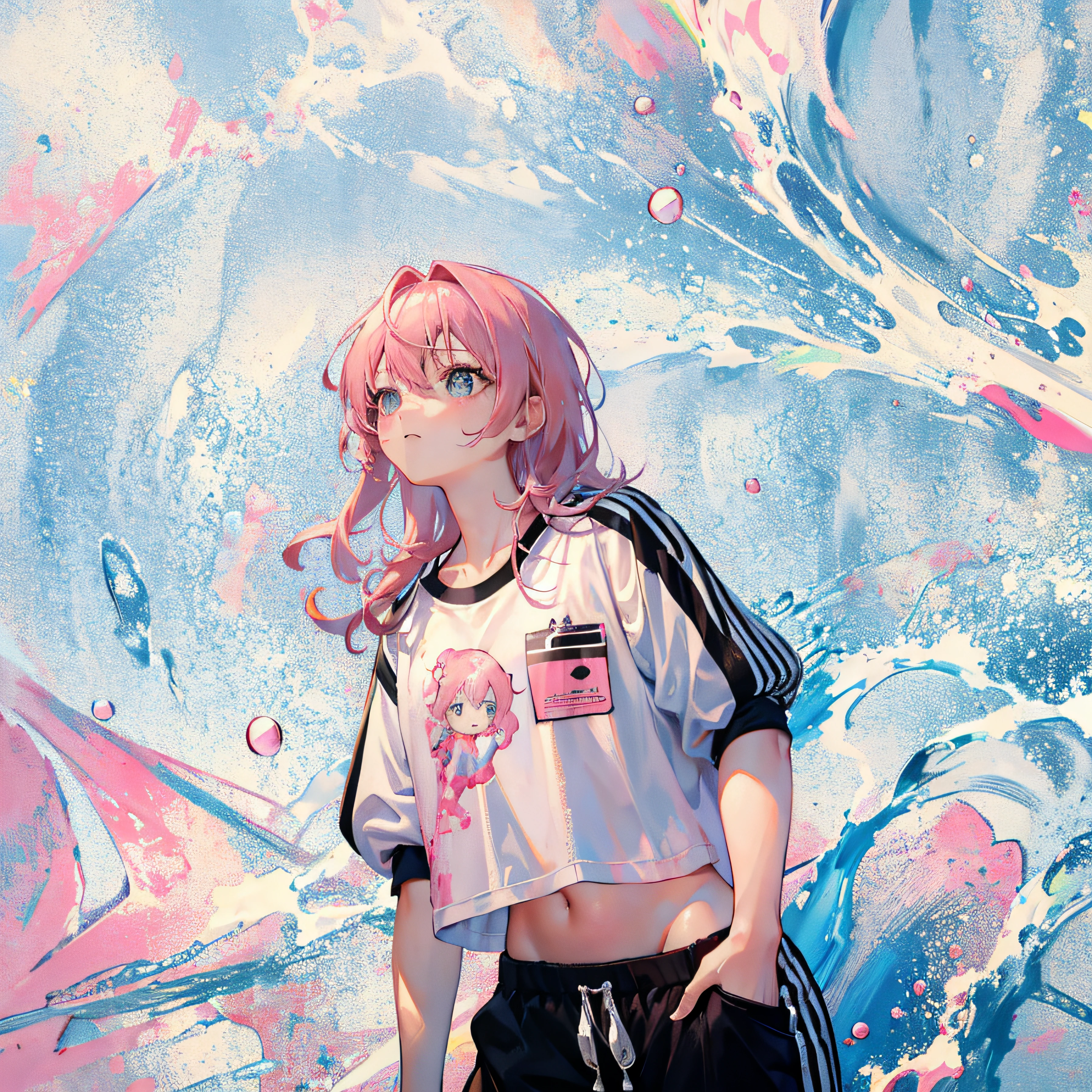 (Realistic painting style:1.0), Masterpiece, Best quality, absurderes, comic strip, illustration,
1 girl, Medium hair, Cute girl, young and cute girl, Korean girl, {Breasts}, Width 17, 
A girl in a white shirt and black shorts, Wearing track suit, croptop, trending on r/Street attire, She is seen wearing streetwear pieces, Wearing track suit, Sportswear, 
Pink hair, Pink hair, with pink hair, with pink hair,